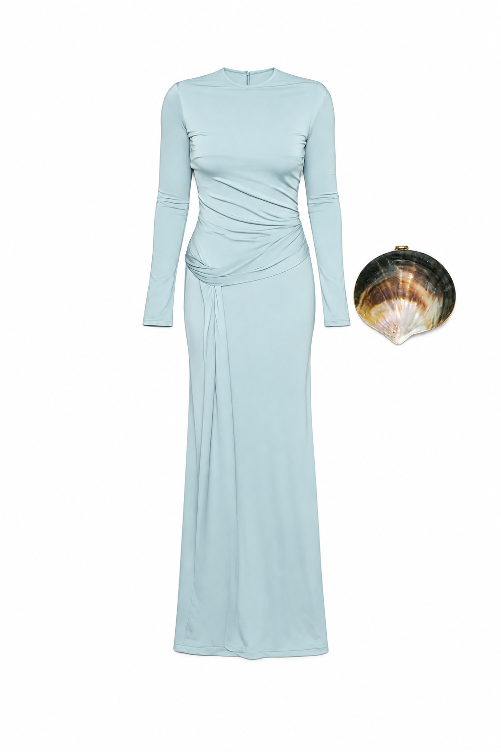 Pale blue ruched gown and shell clutch