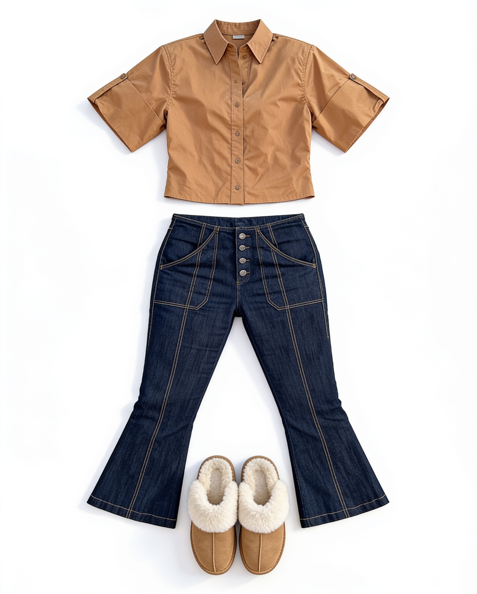 Tan short-sleeve blouse and dark blue jeans