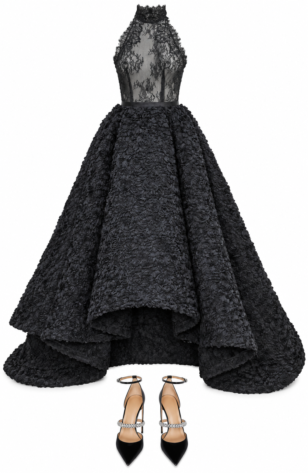 Black lace high-low ball gown
