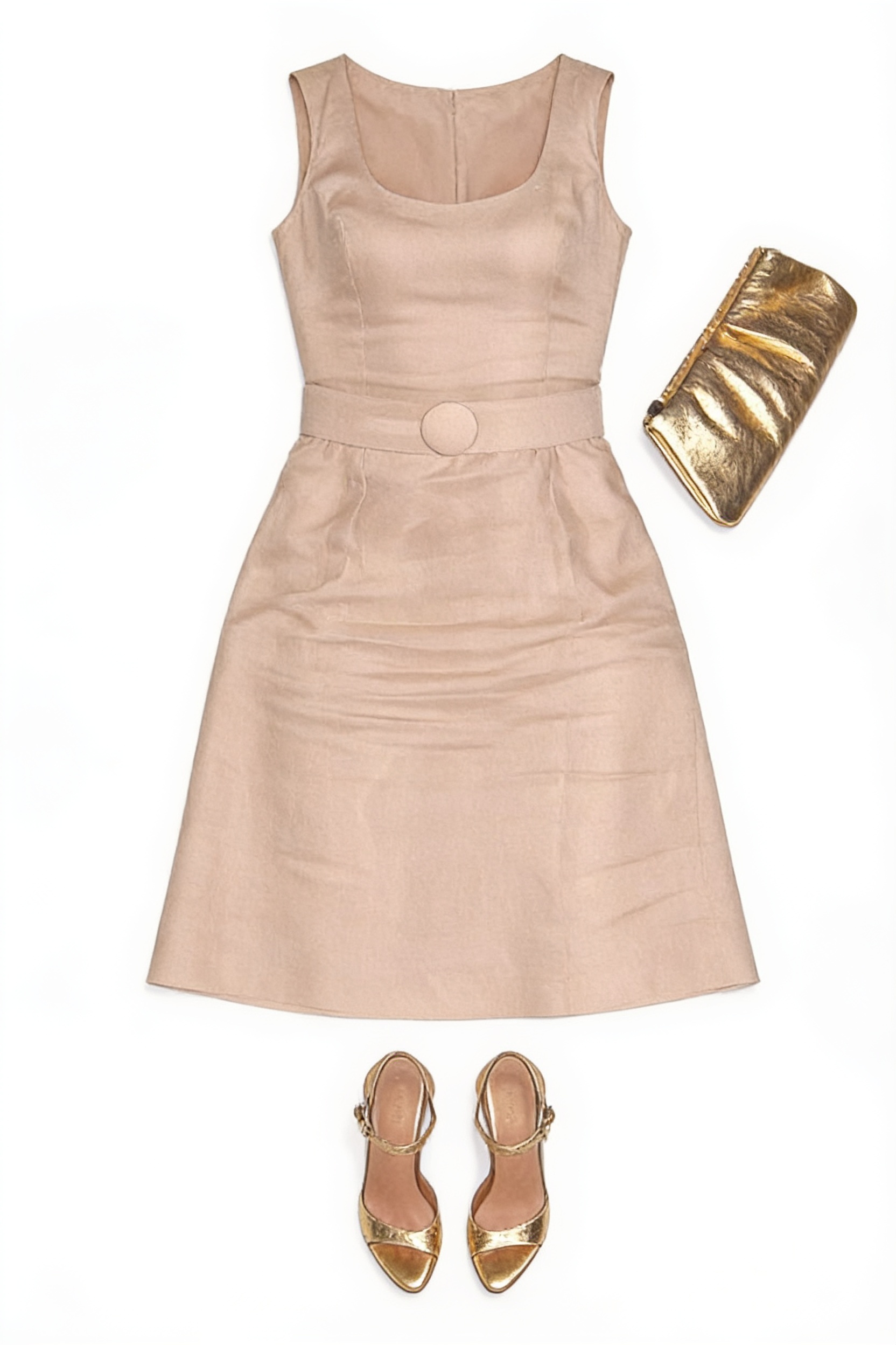 Champagne bandage dress and metallic clutch