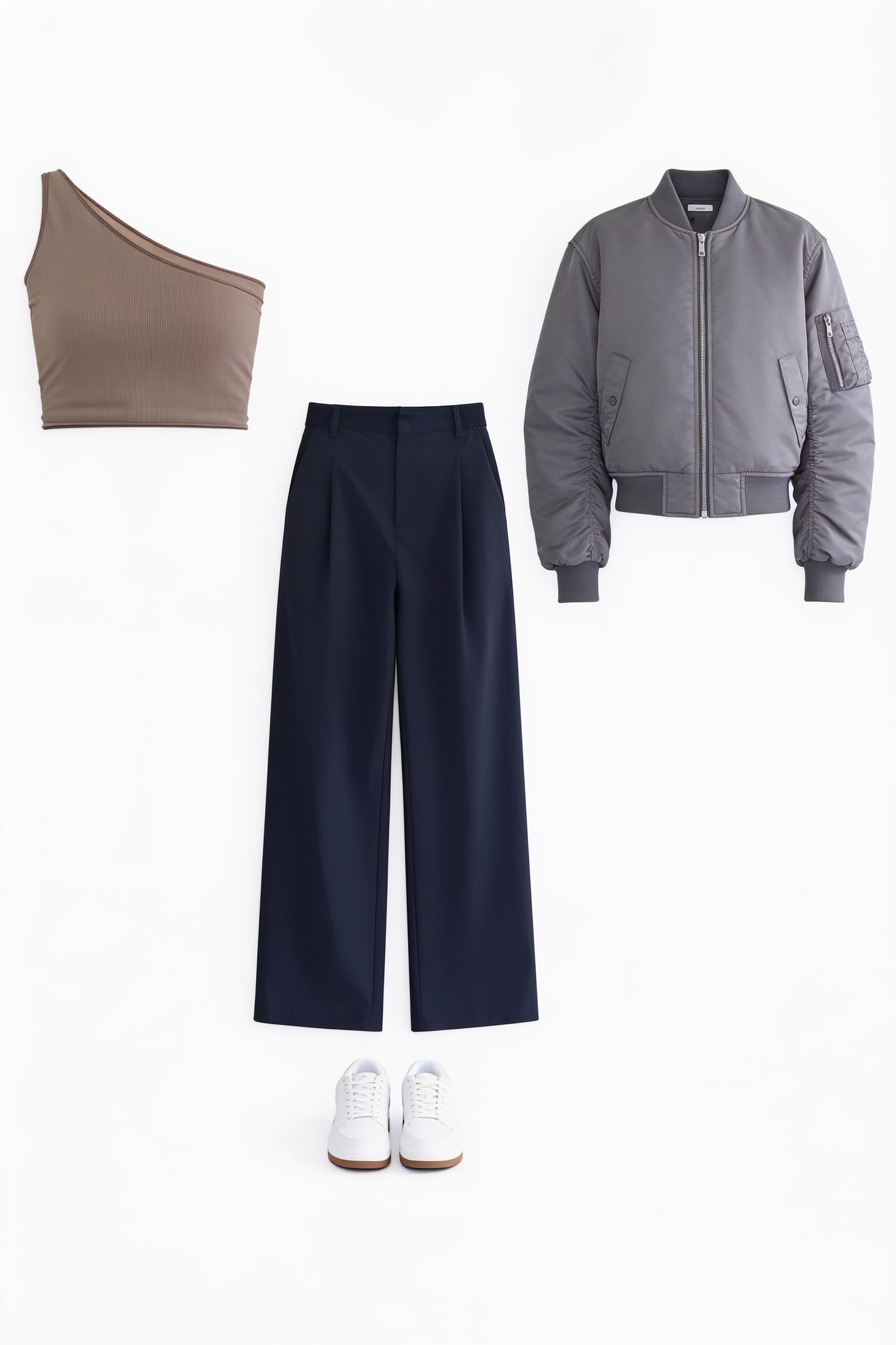 Grey bomber jacket and black wide-leg trousers
