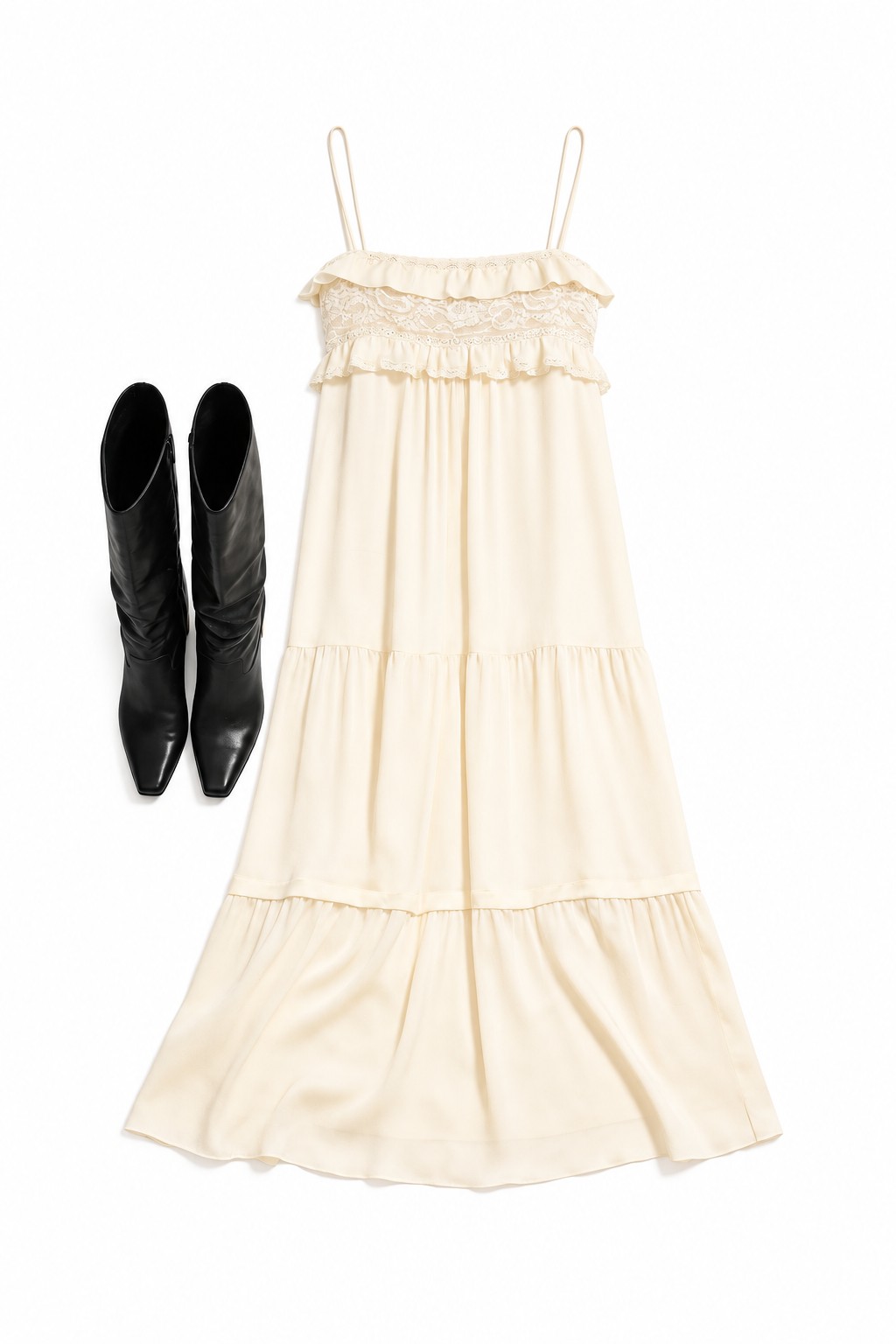 Ivory lace-trim dress and black boots