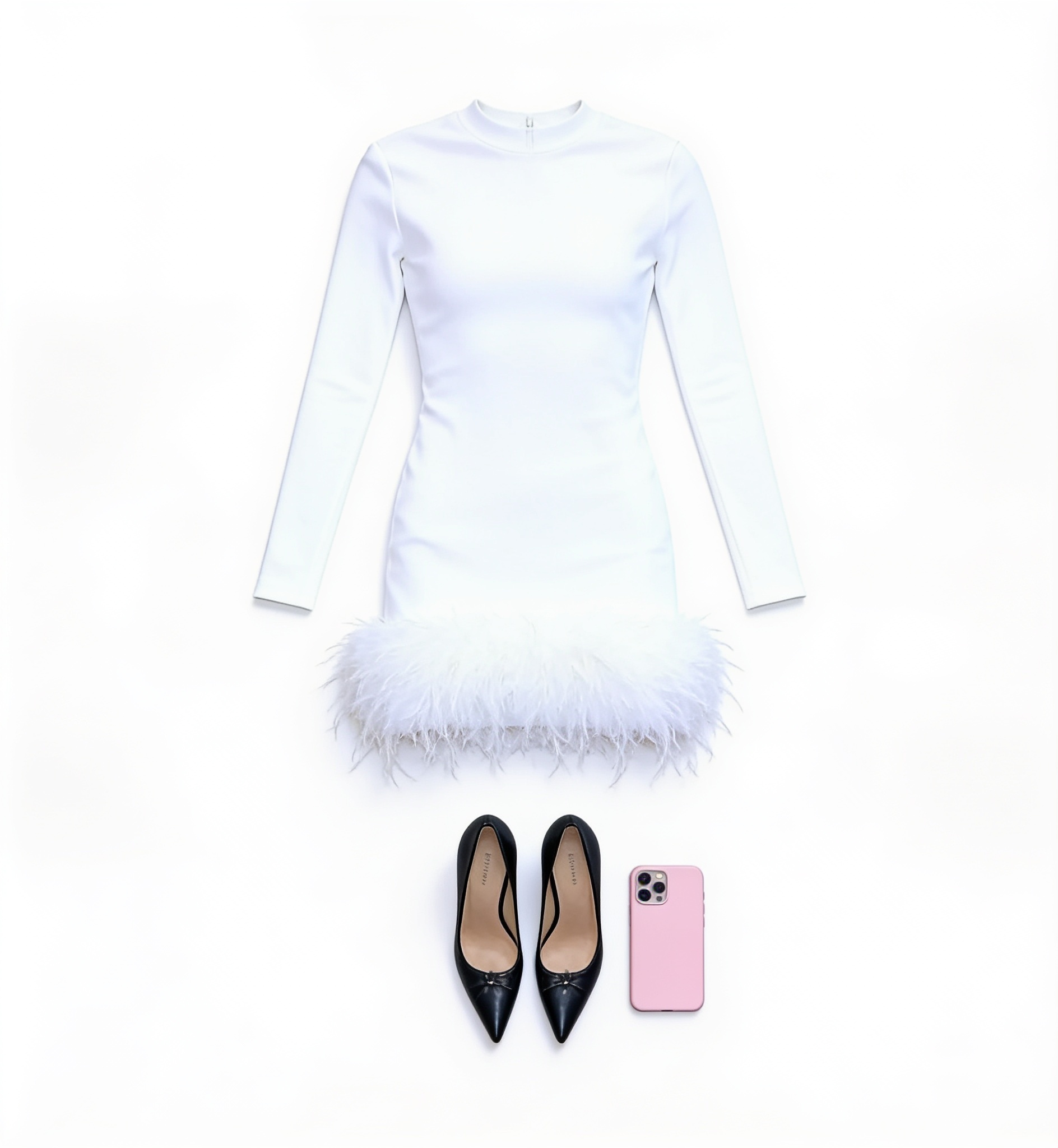White long-sleeve feather-hem mini dress