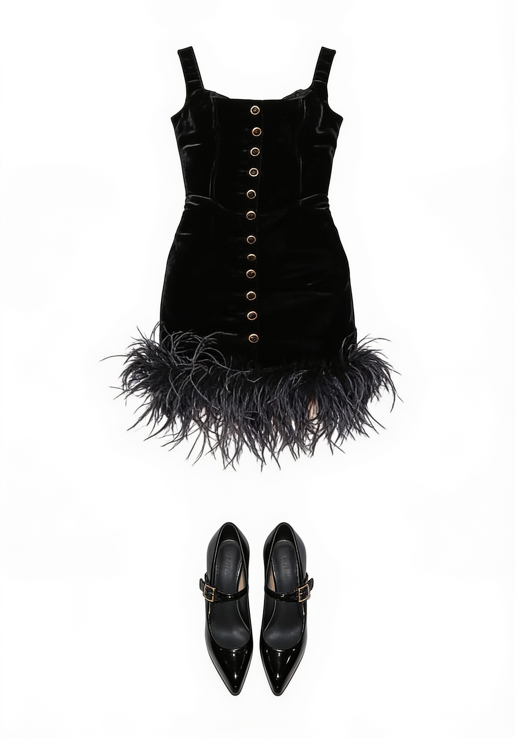 Black feather-hem mini dress