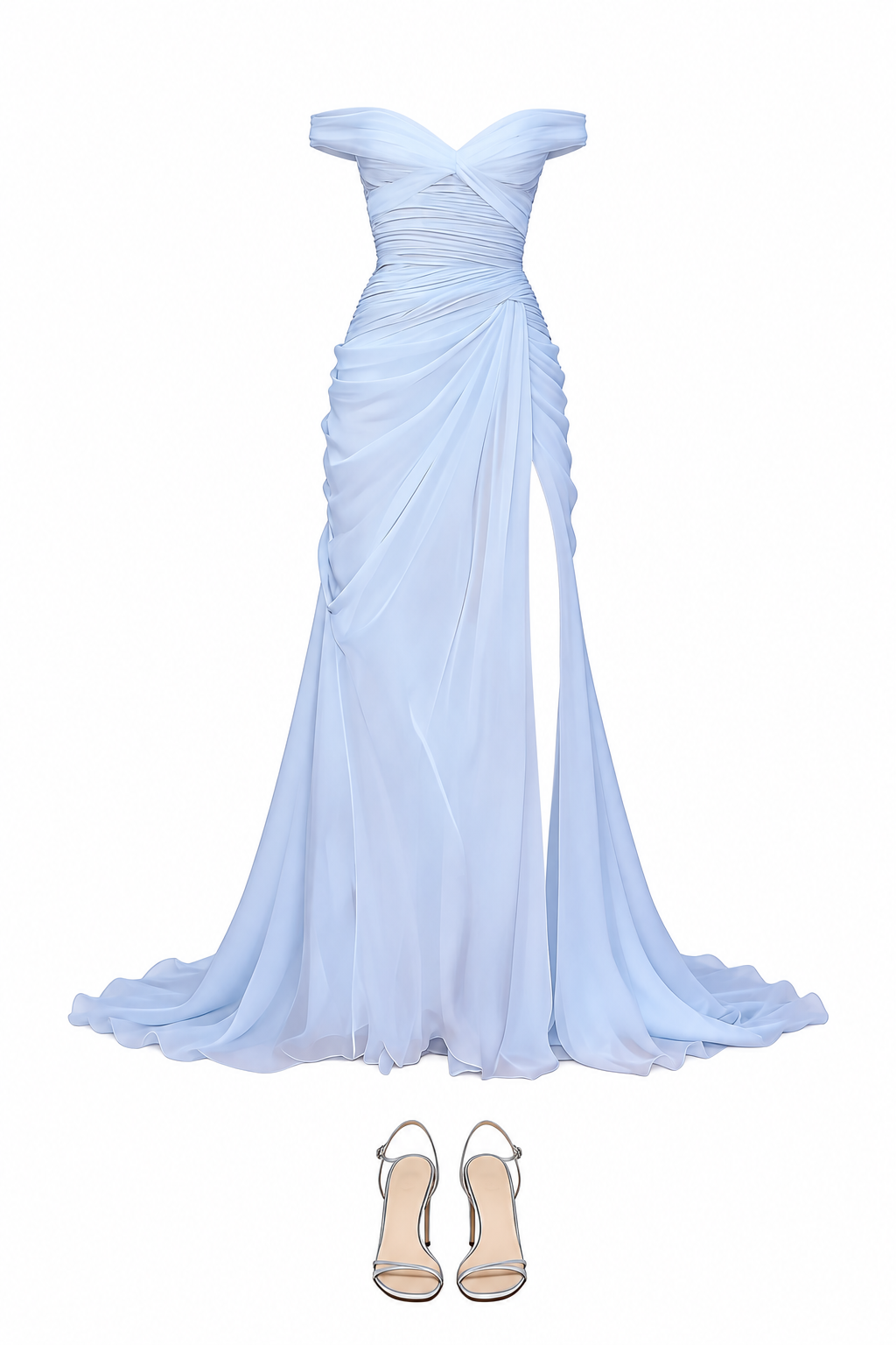 Pale blue off-shoulder gathered gown