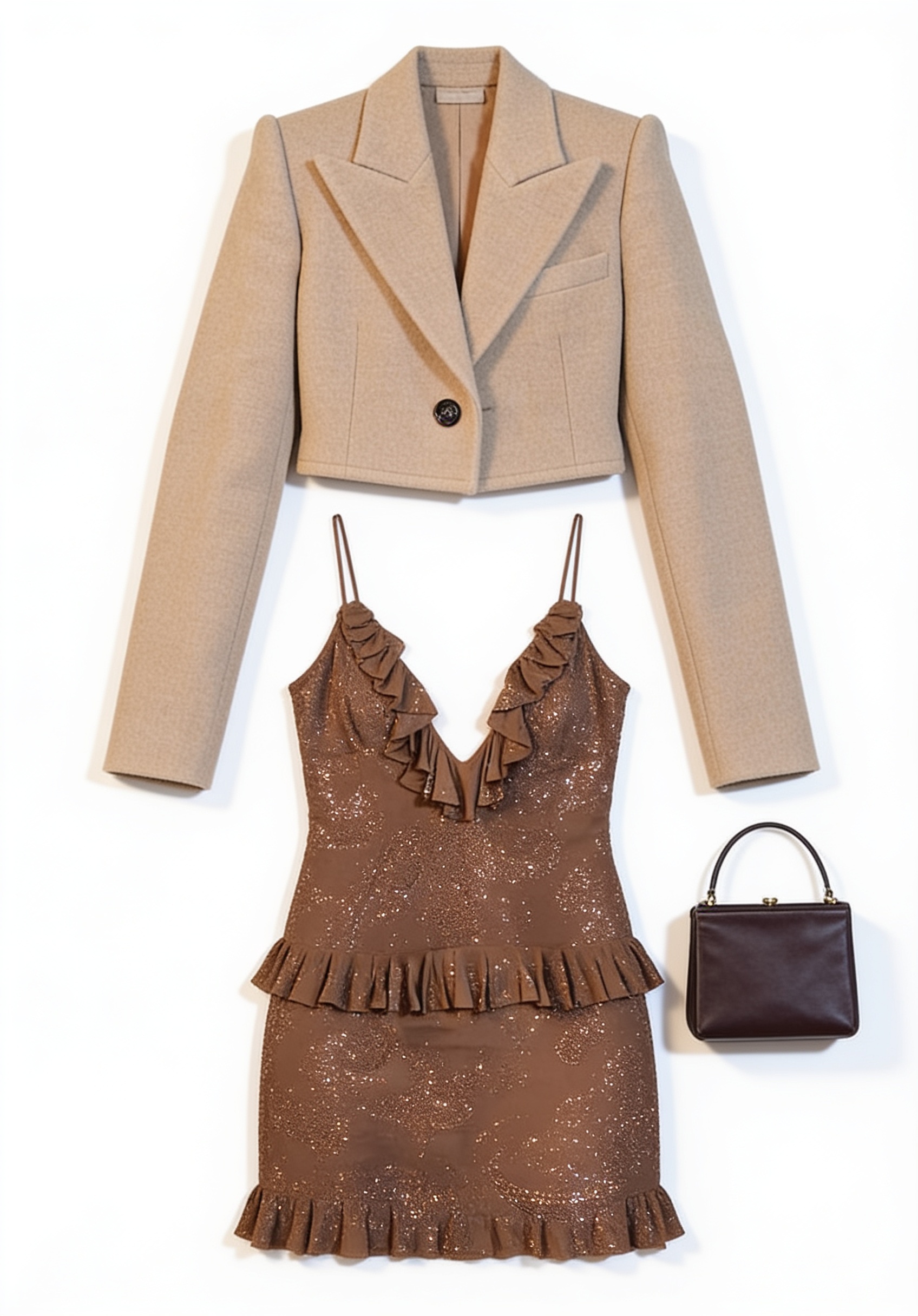 Camel blazer and bronze evening dress