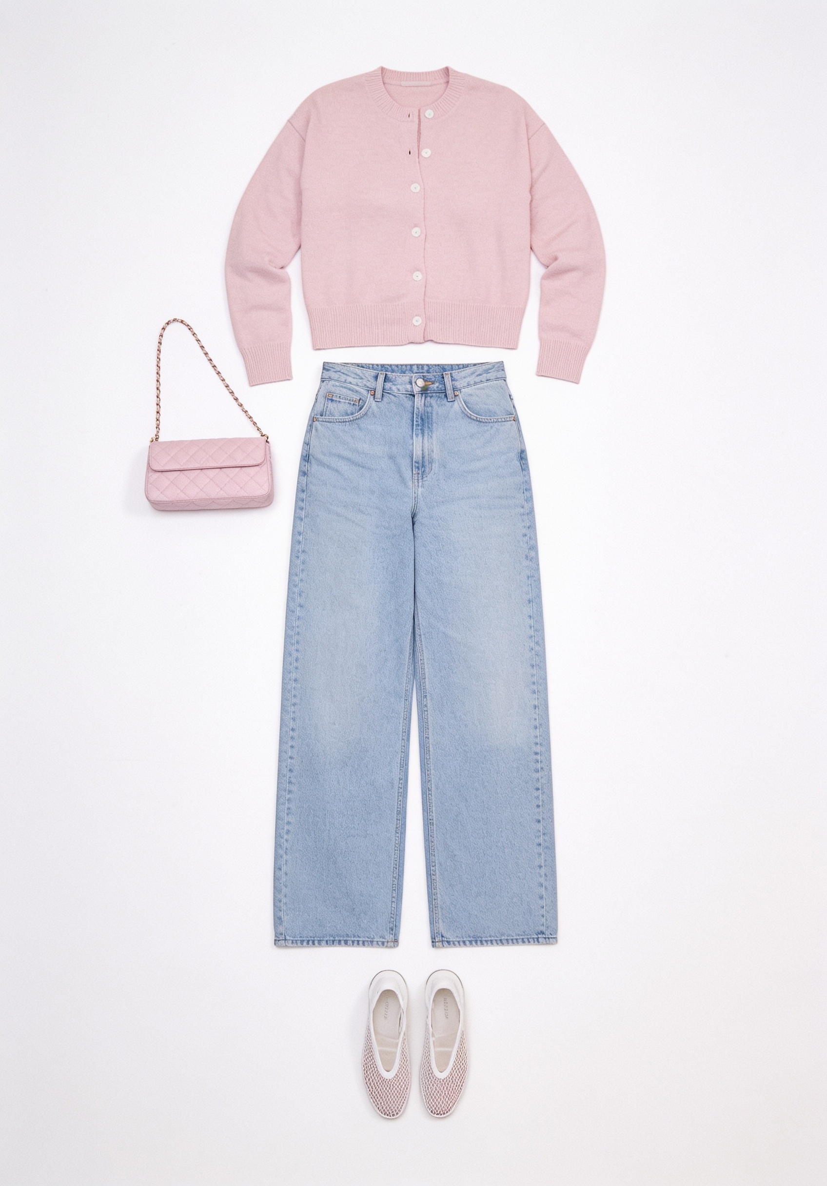 Pink zip top and light wide-leg jeans