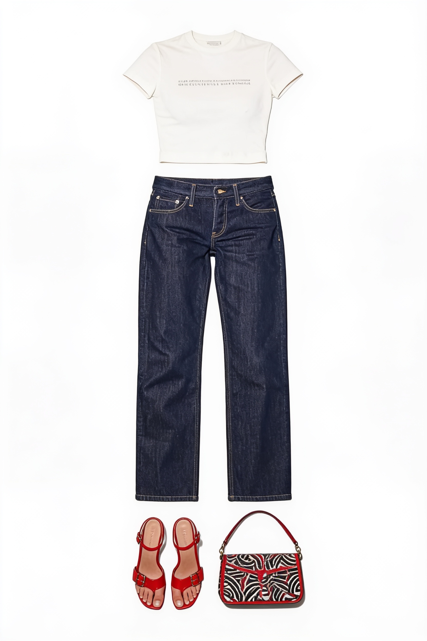 White cropped tee and dark straight-leg jeans