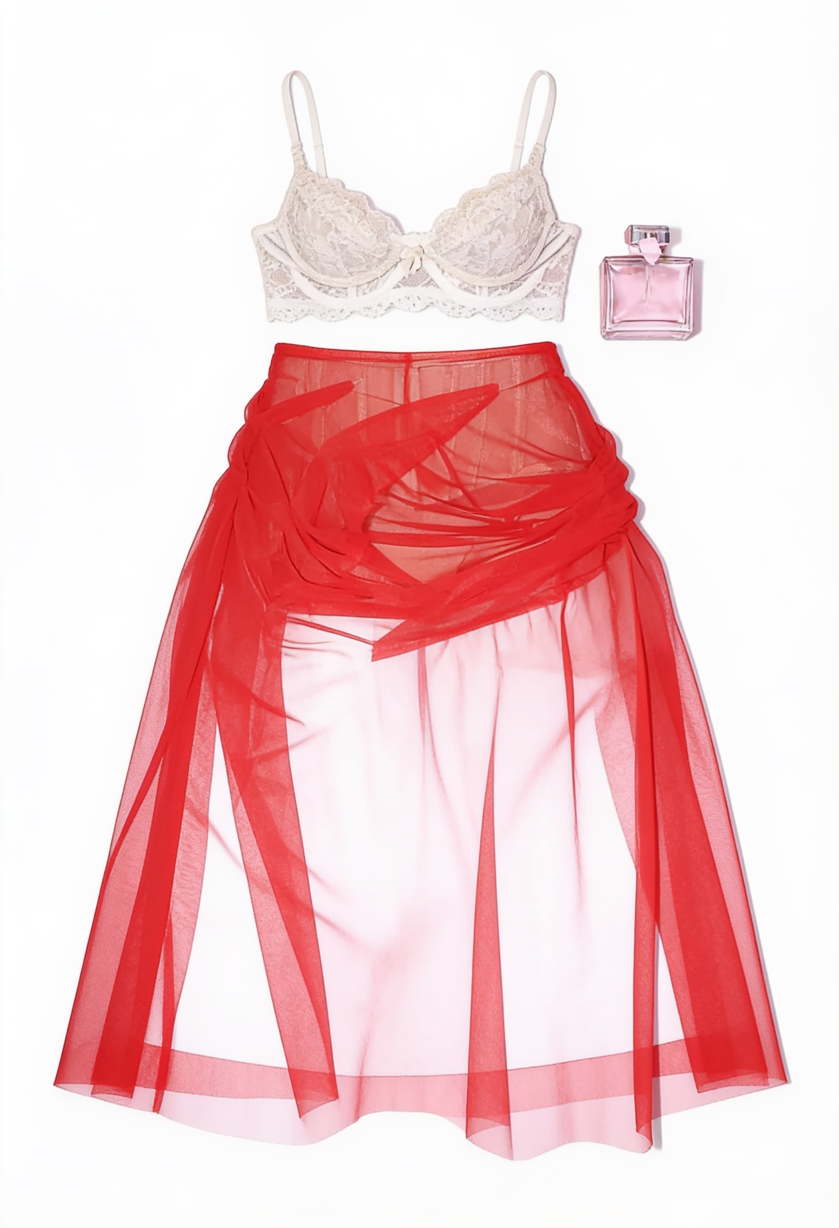Cream cropped camisole and red sheer skirt