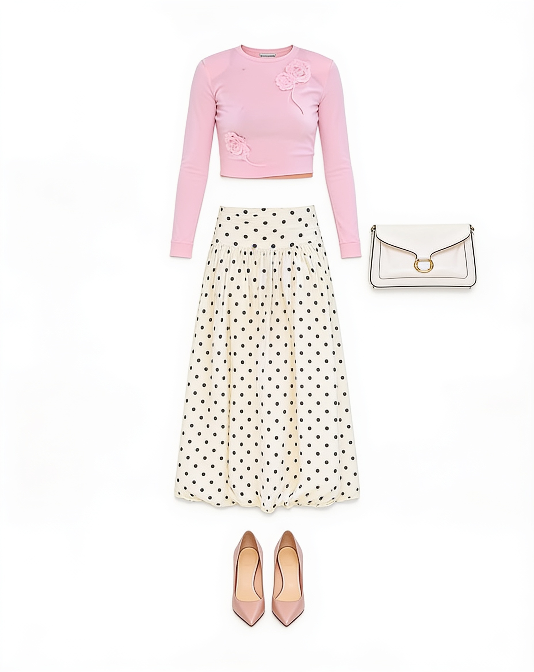 Pink cardigan and ivory polka-dot midi skirt