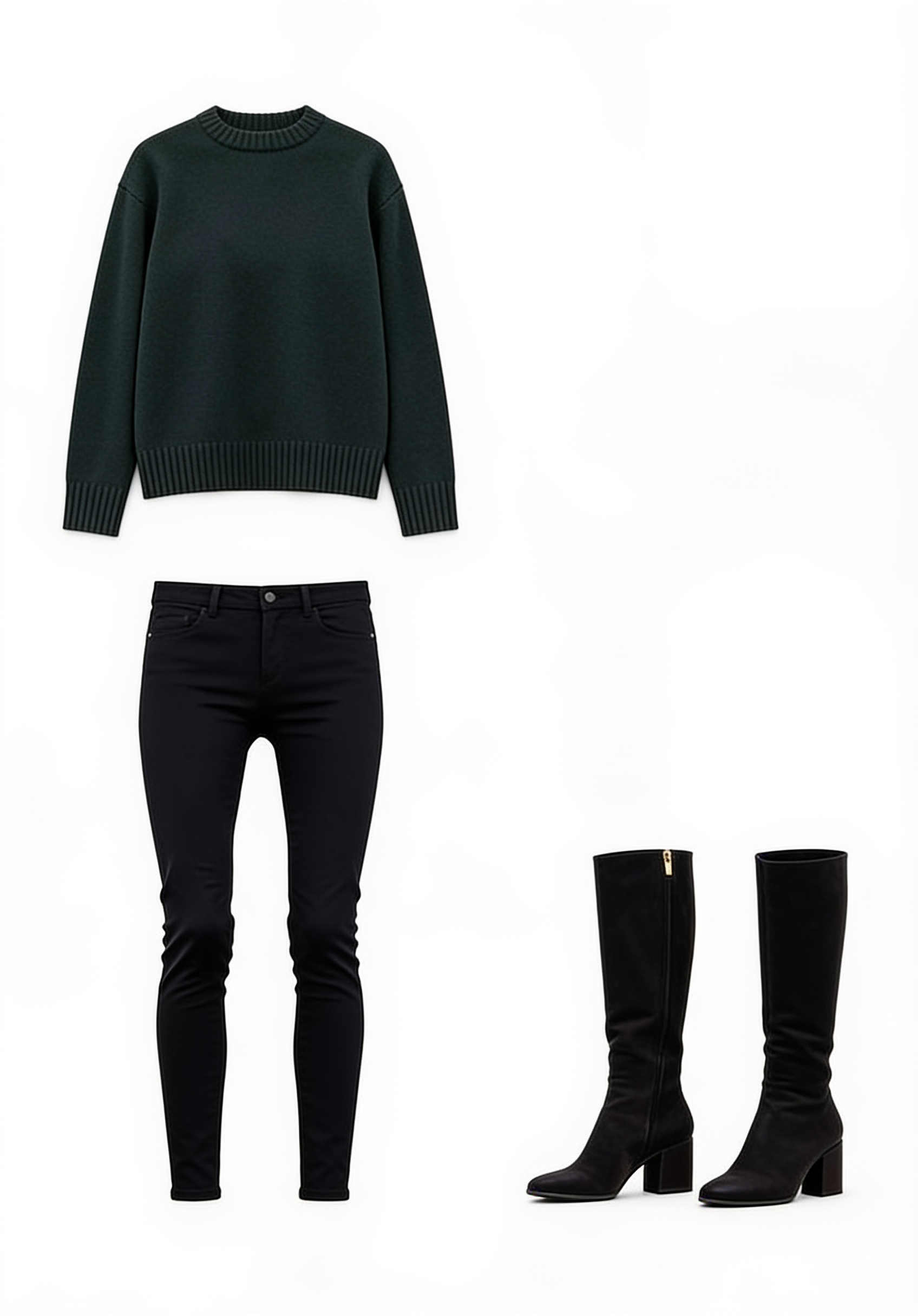 Dark sweater, skinny trousers and tall boots