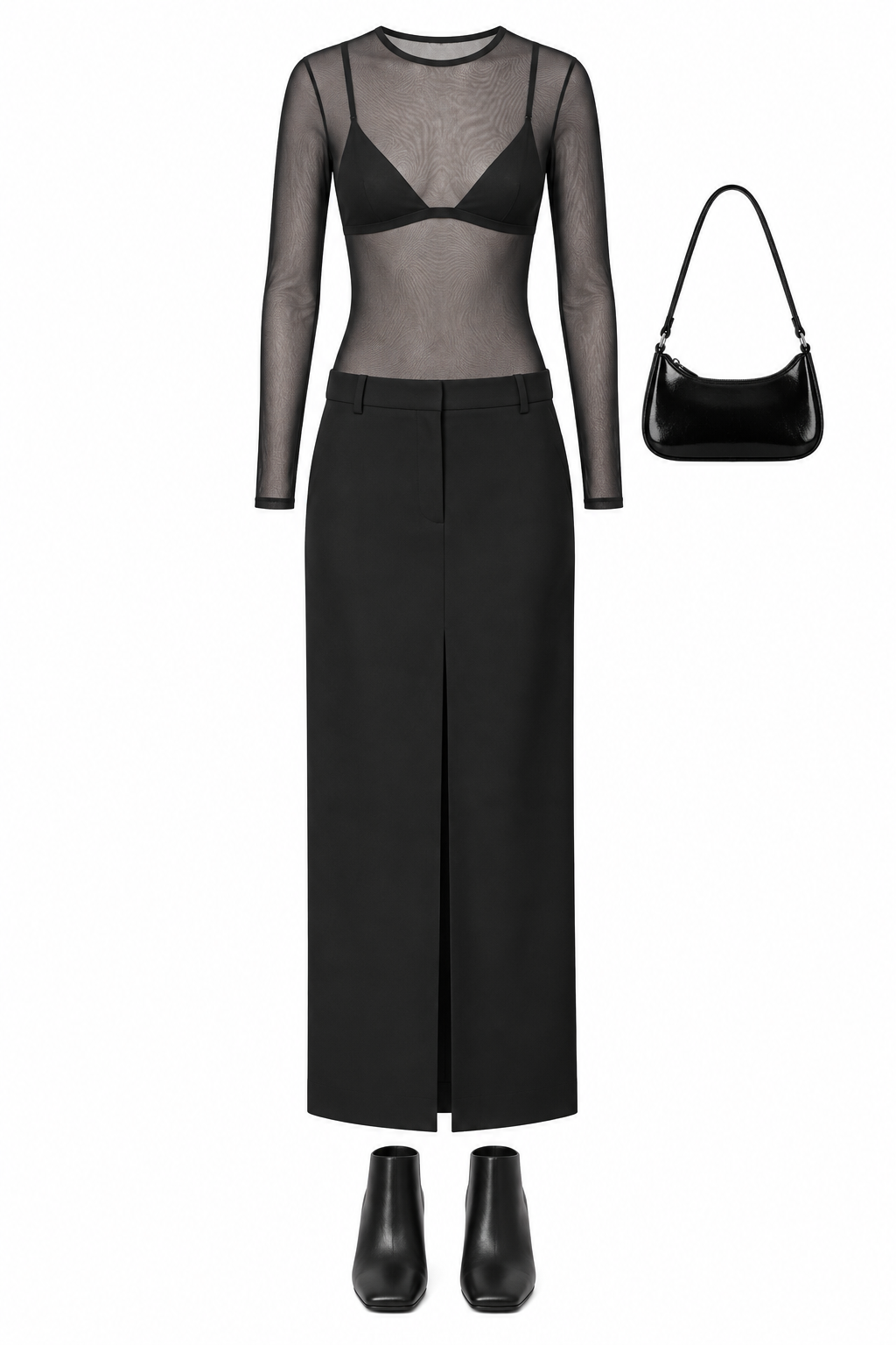 Sheer black top and tailored maxi skirt