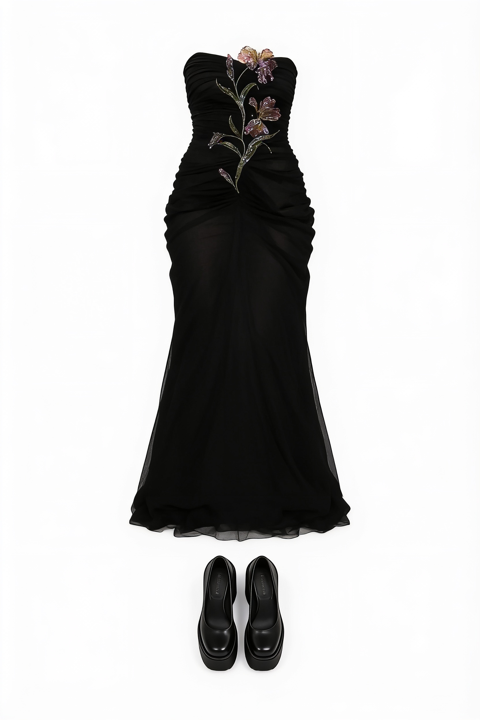Black strapless embroidered gown