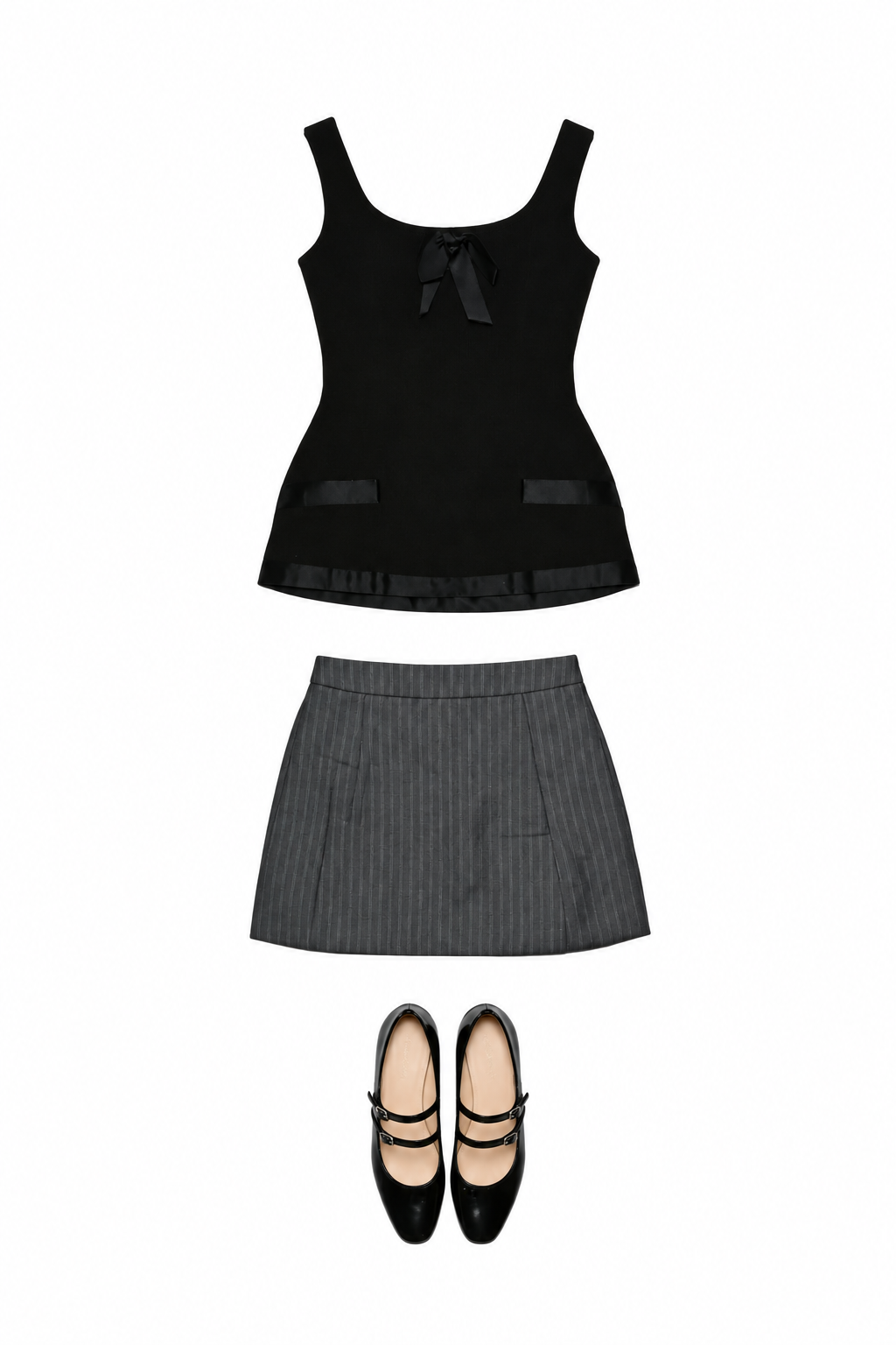 Black sleeveless top and grey mini skirt