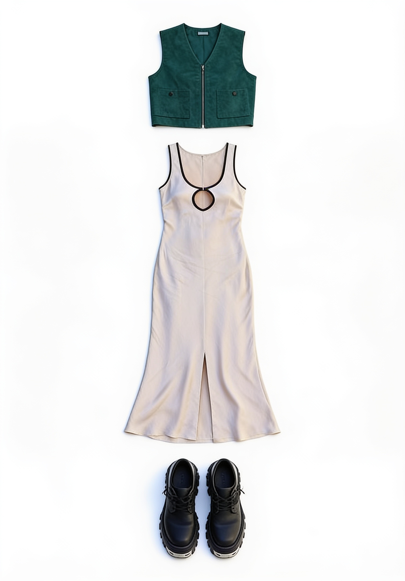 Green waistcoat and ivory keyhole maxi dress
