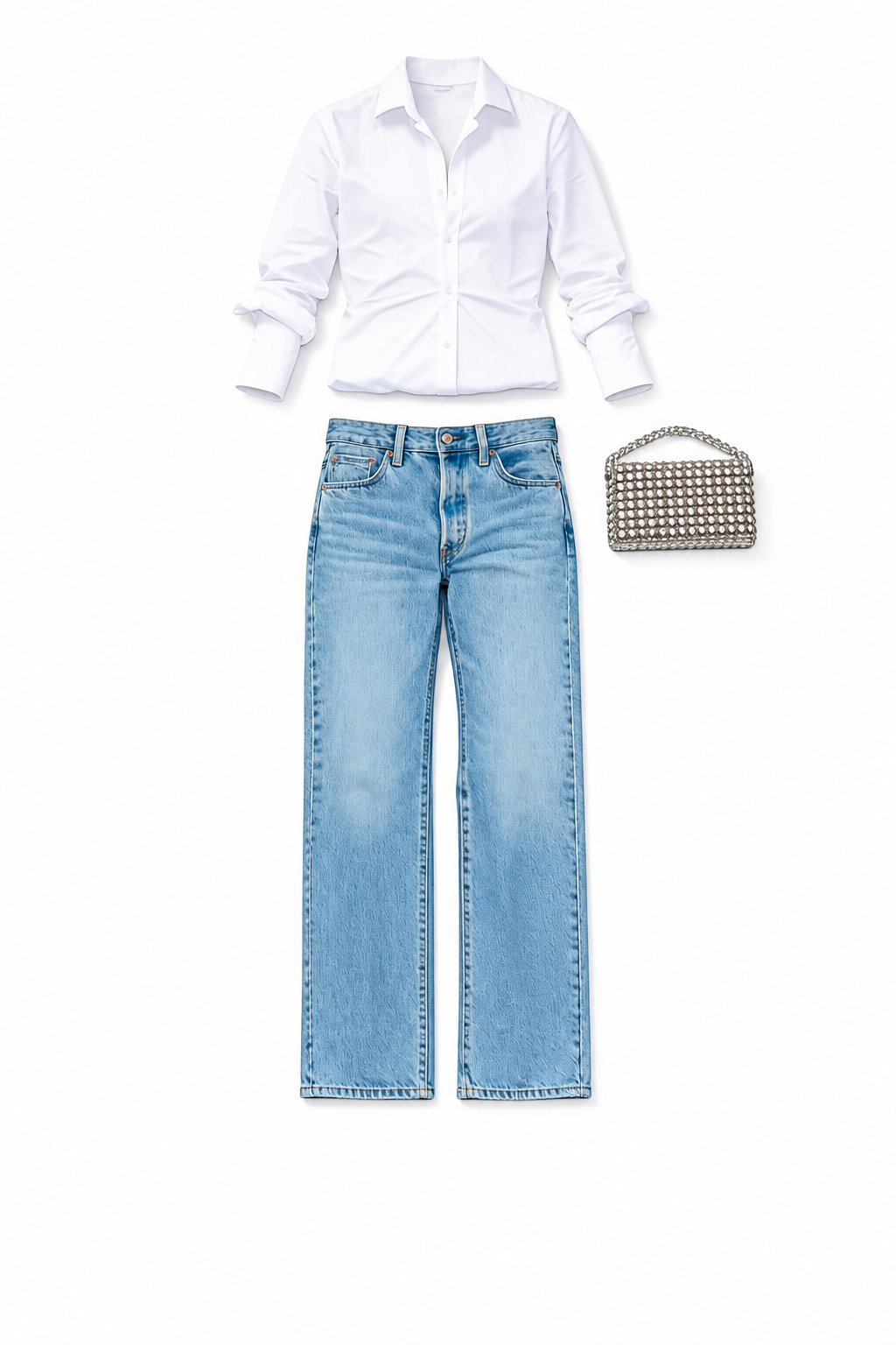 White shirt, blue straight-leg jeans and crystal bag