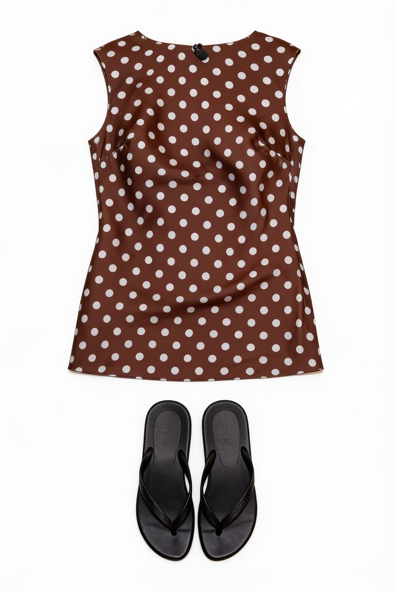 Brown polka-dot sleeveless mini dress