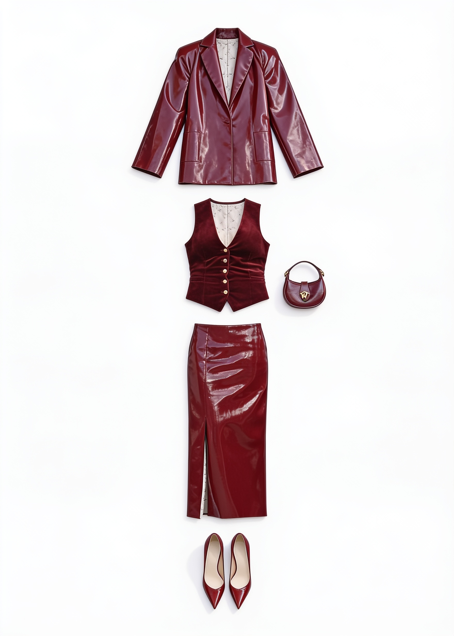 Burgundy leather blazer, waistcoat and midi skirt