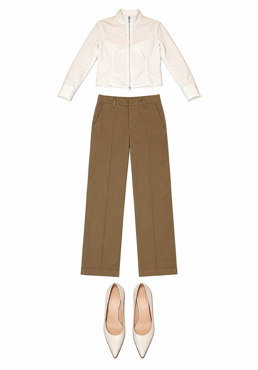 Cream zip jacket and brown trousers