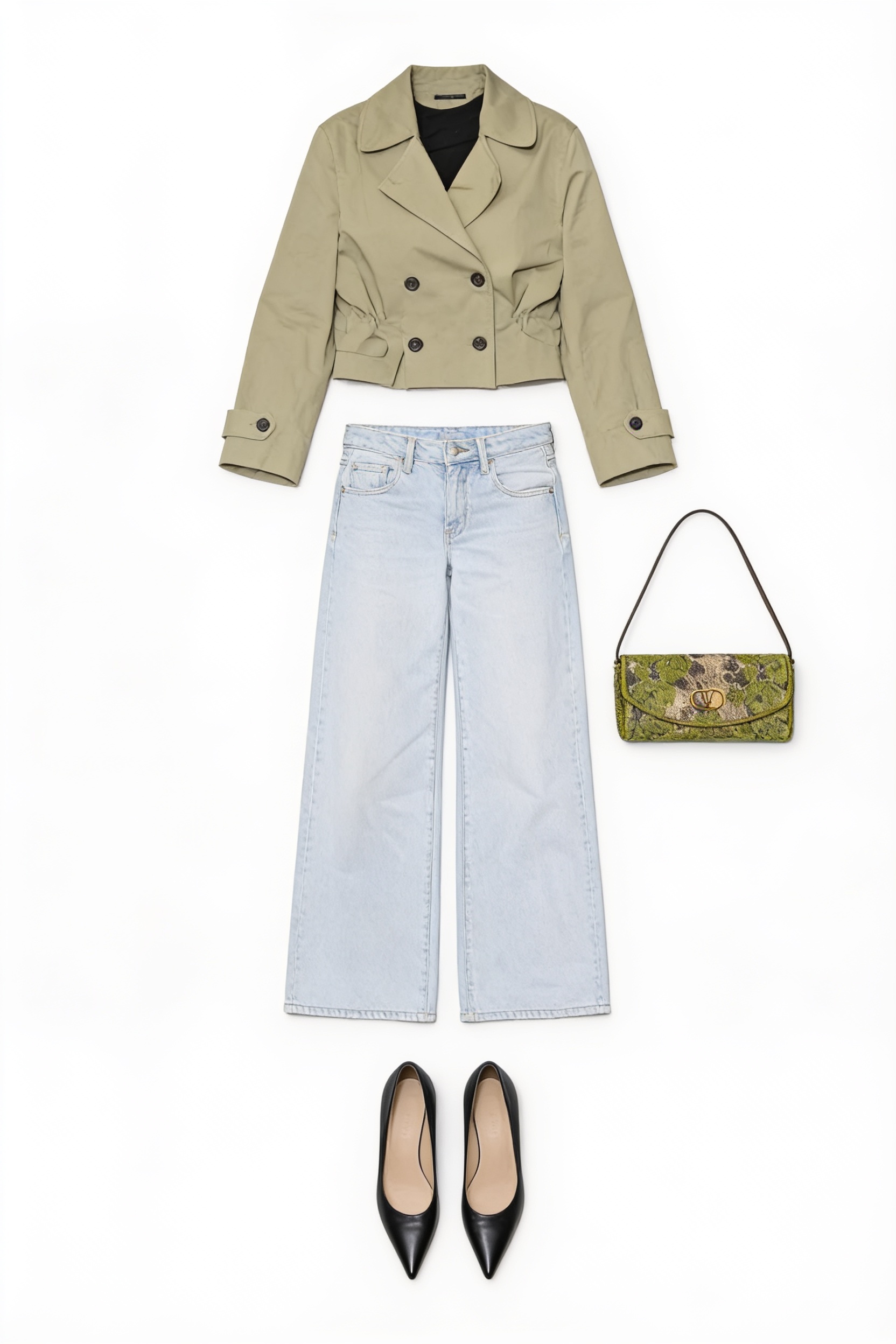 Khaki cropped jacket and pale wide-leg jeans