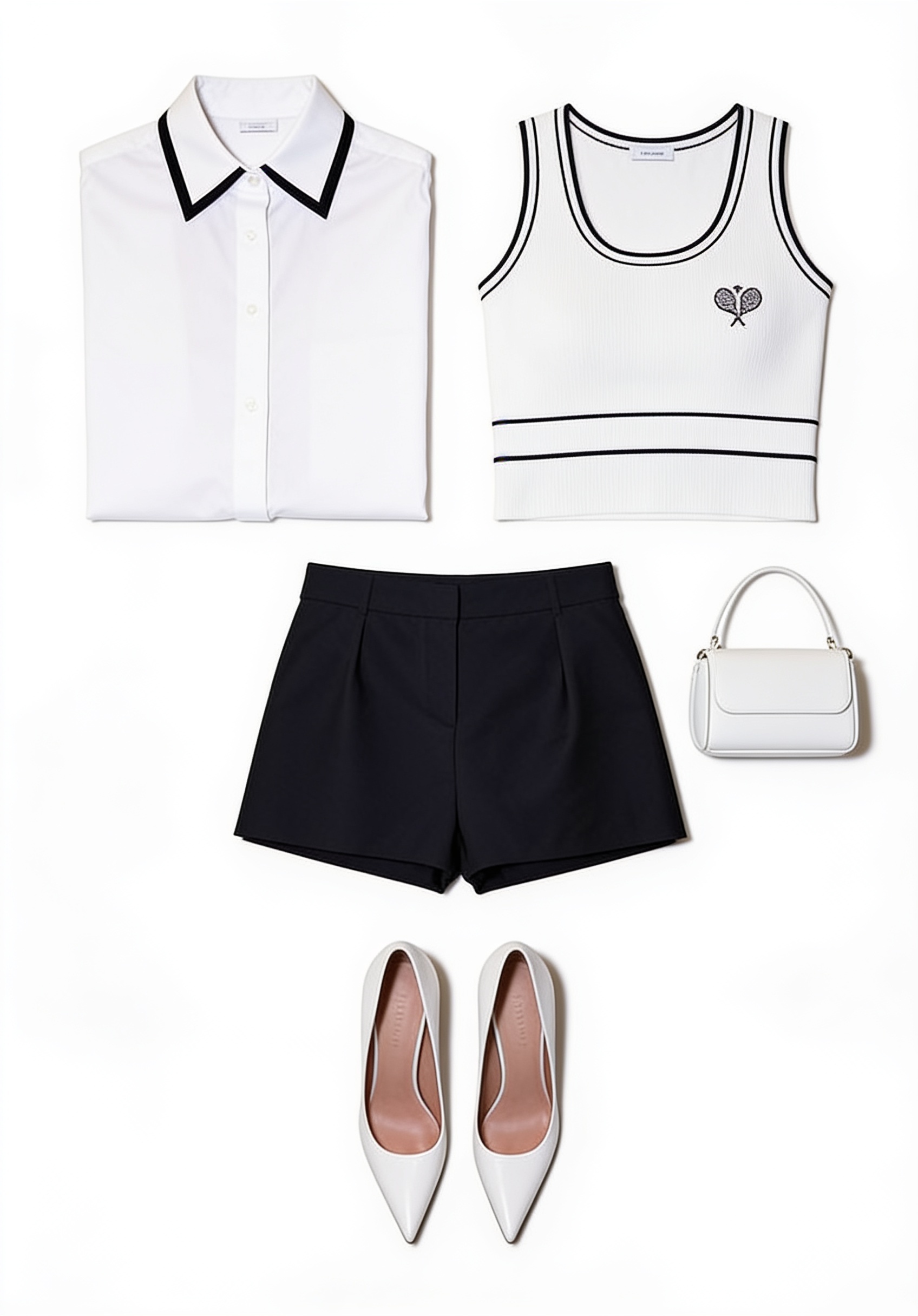 White shirt and tipped vest with black shorts