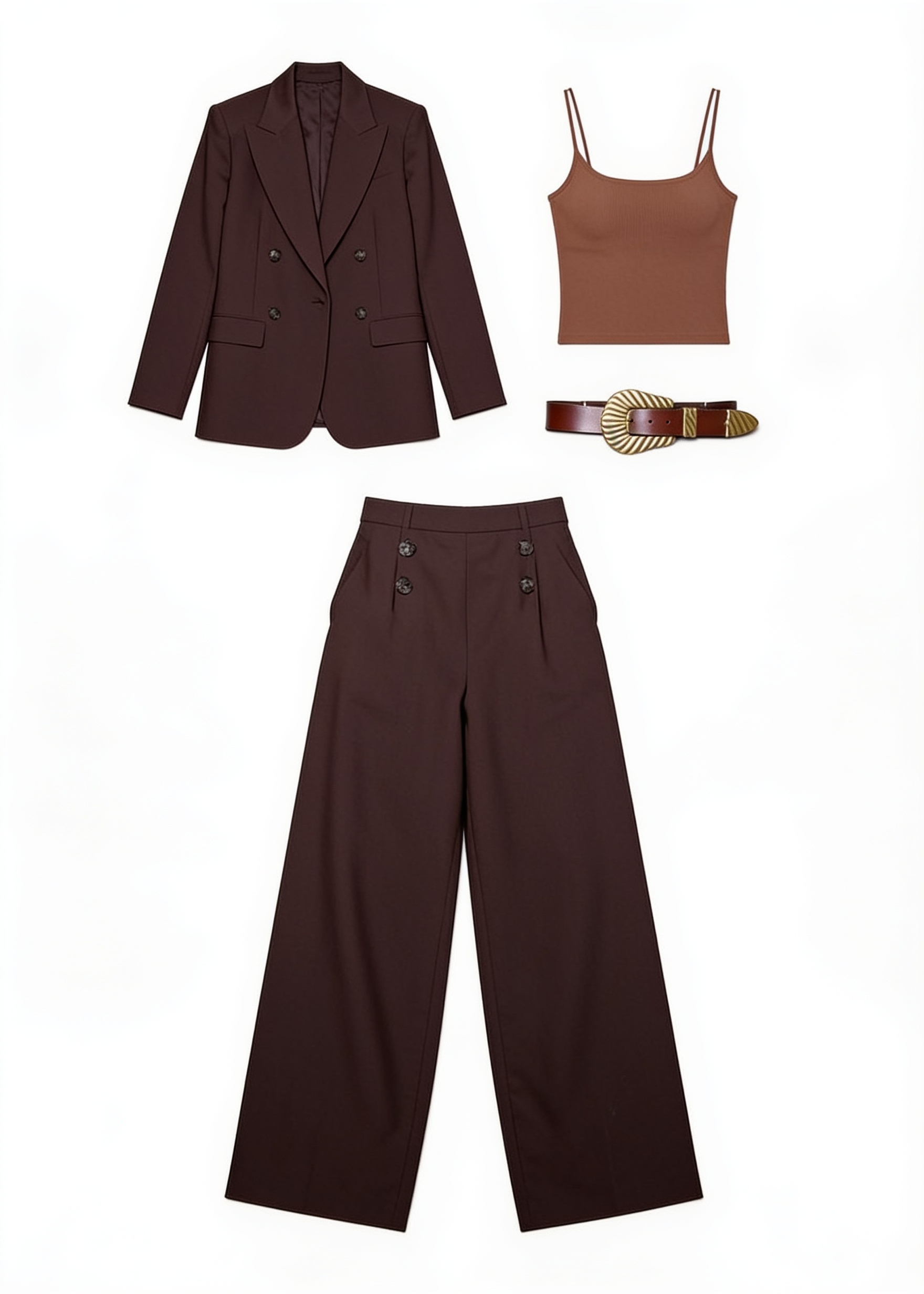 Chocolate trouser suit and brown crop top