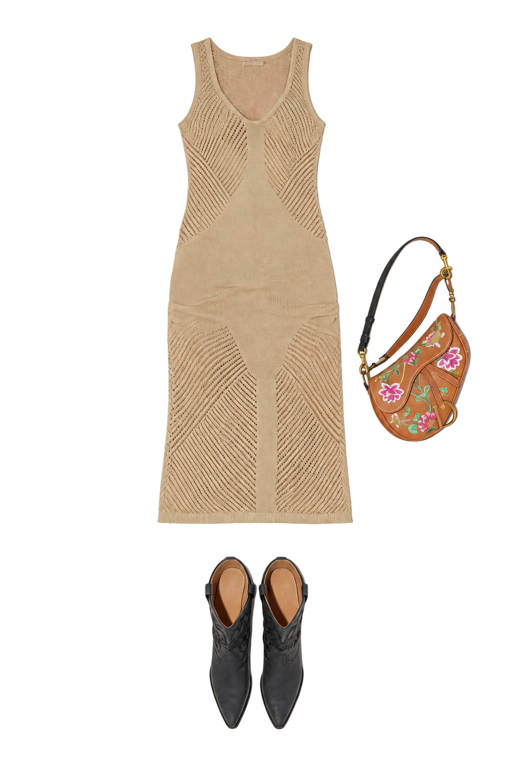 Beige crochet midi dress and black Western boots