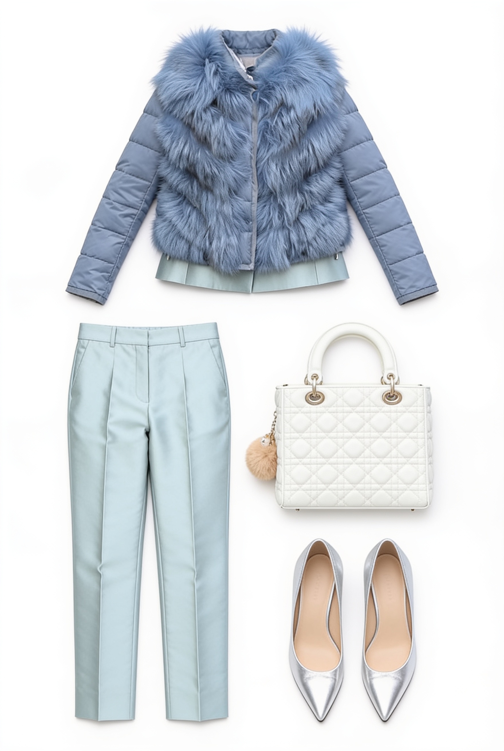Blue textured jacket and pale blue trousers