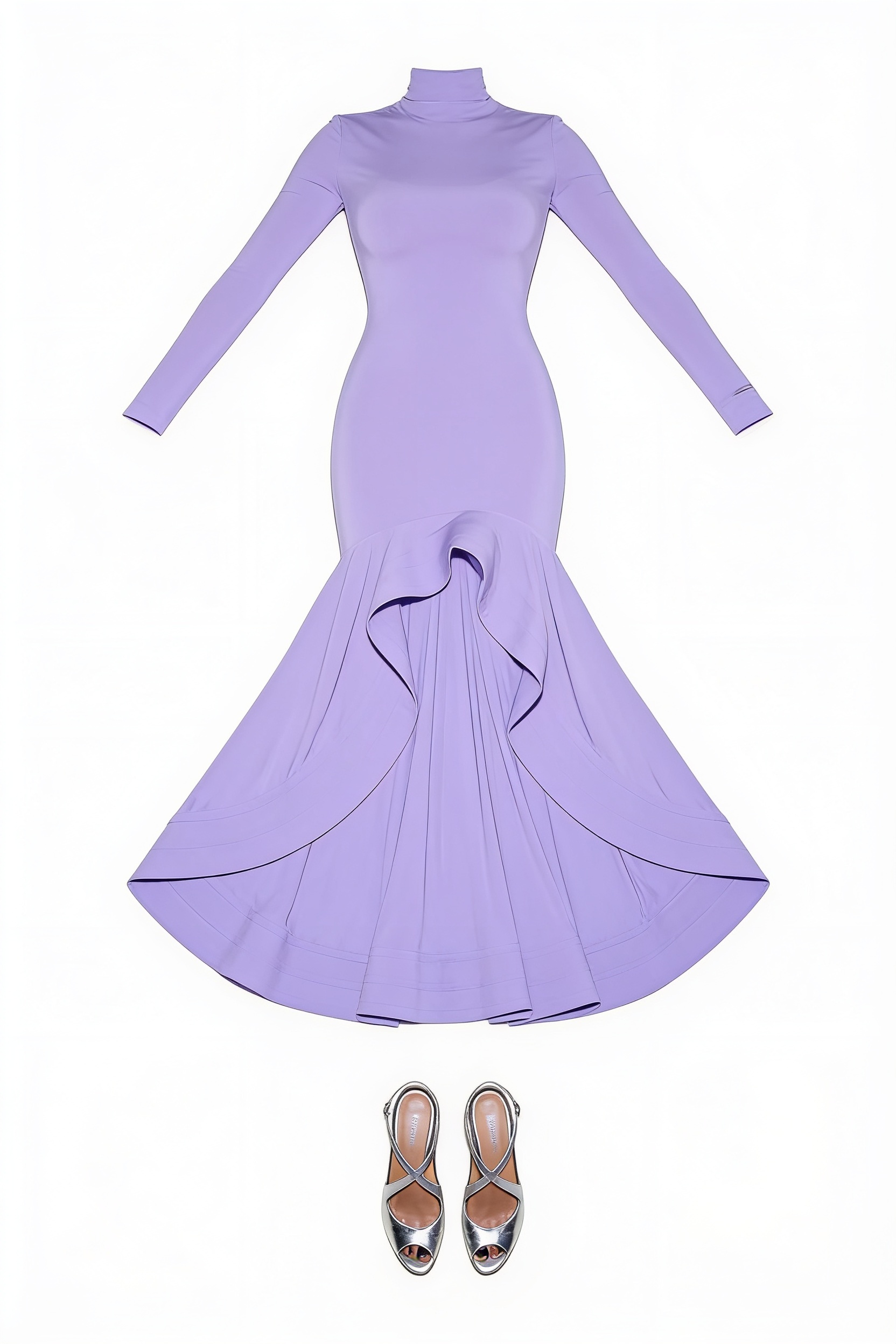 Lilac high-neck gown and metallic sandals
