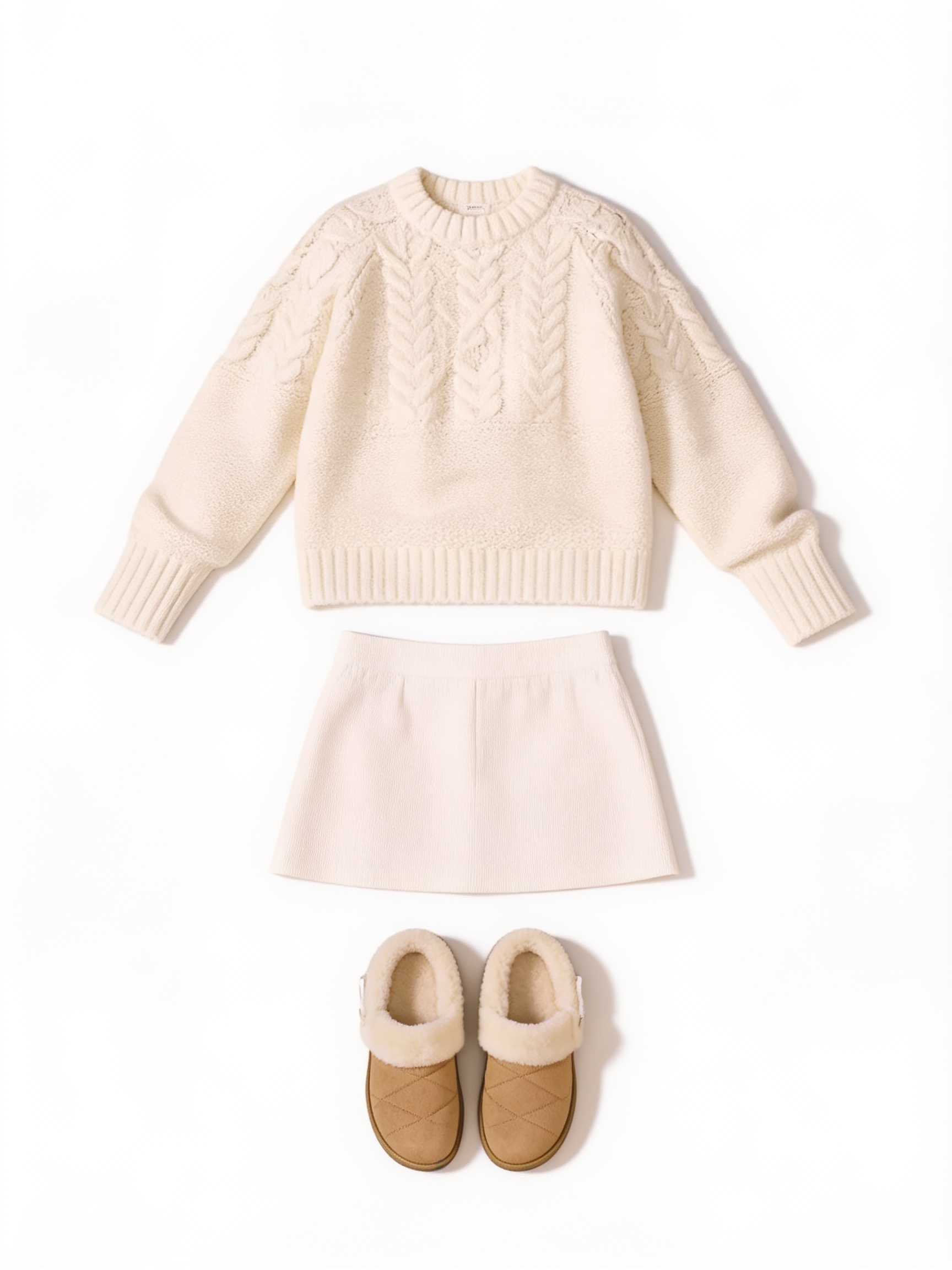 Cream cable-knit sweater, mini skirt and tan clogs