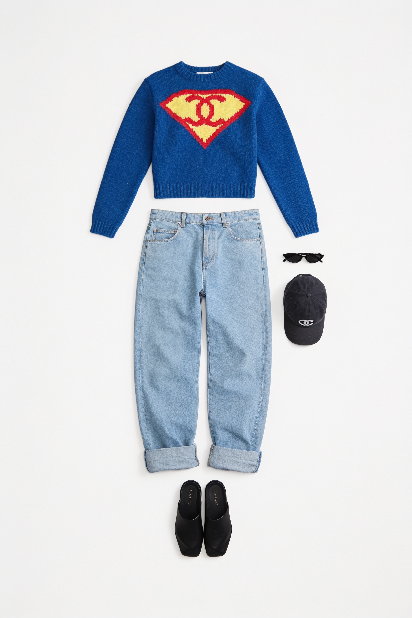 Blue graphic sweater and baggy jeans