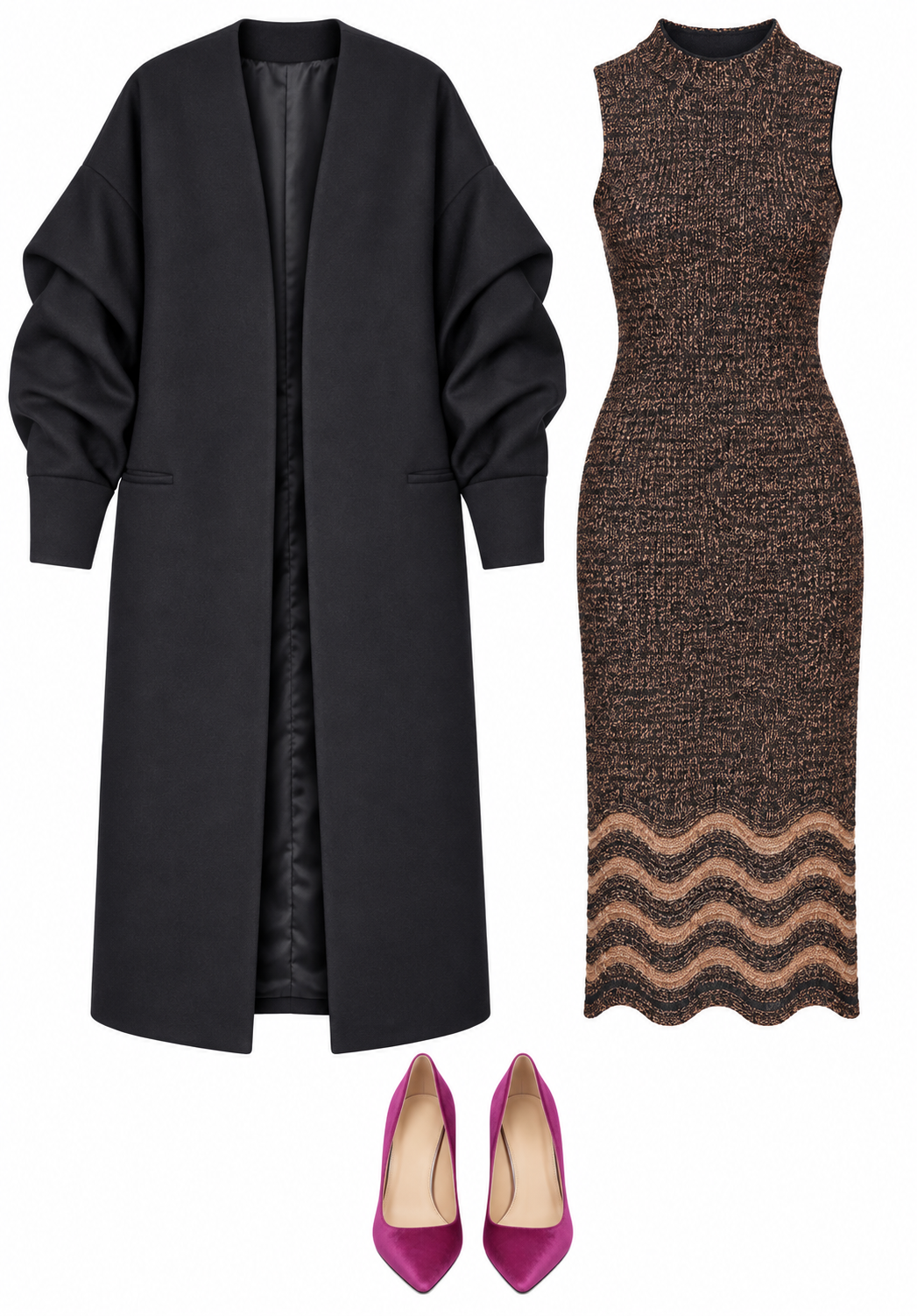 Black coat and patterned midi dress