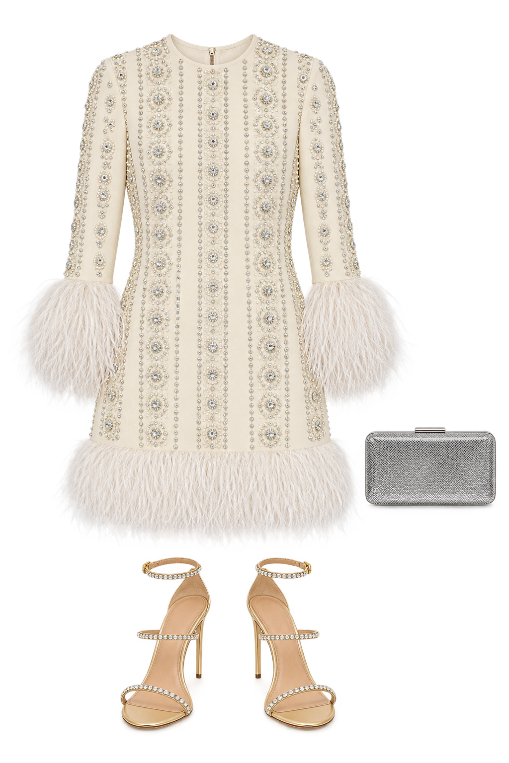 Ivory embellished feather-trim mini dress