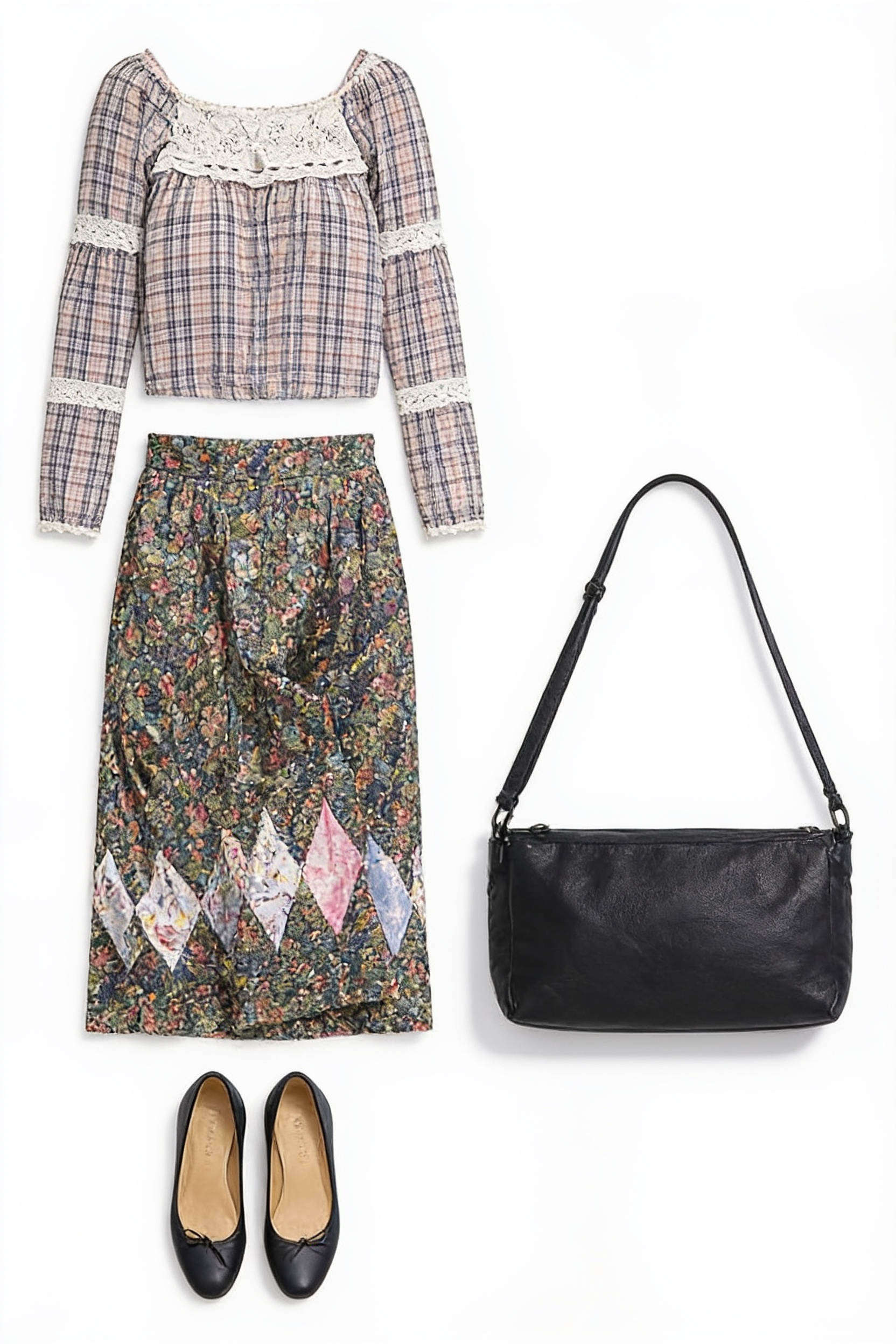 Checked long-sleeve top and patterned midi skirt