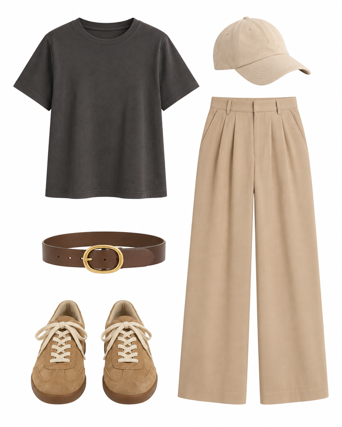 Charcoal tee, beige trousers and cap