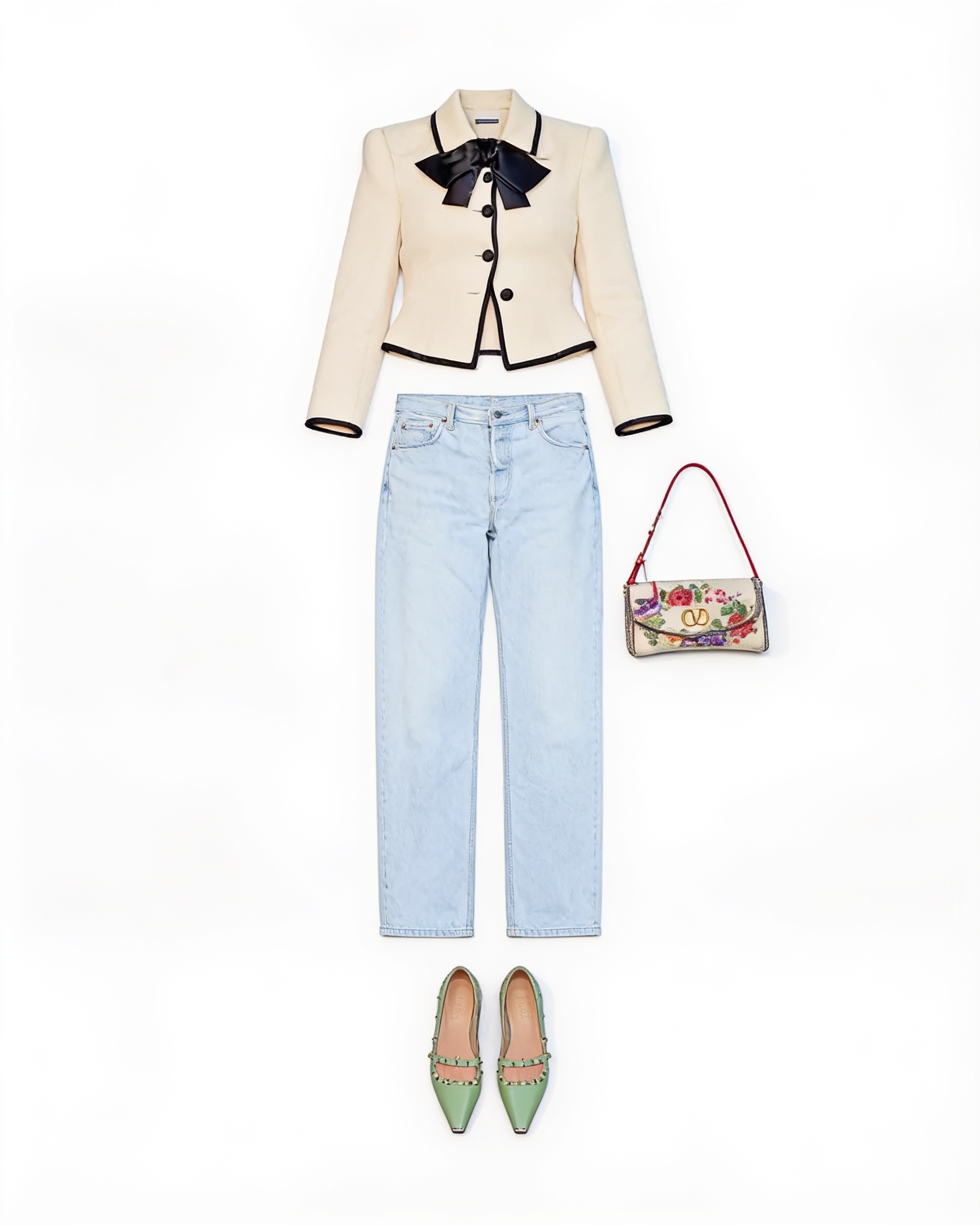 Cream cropped blazer and pale blue jeans