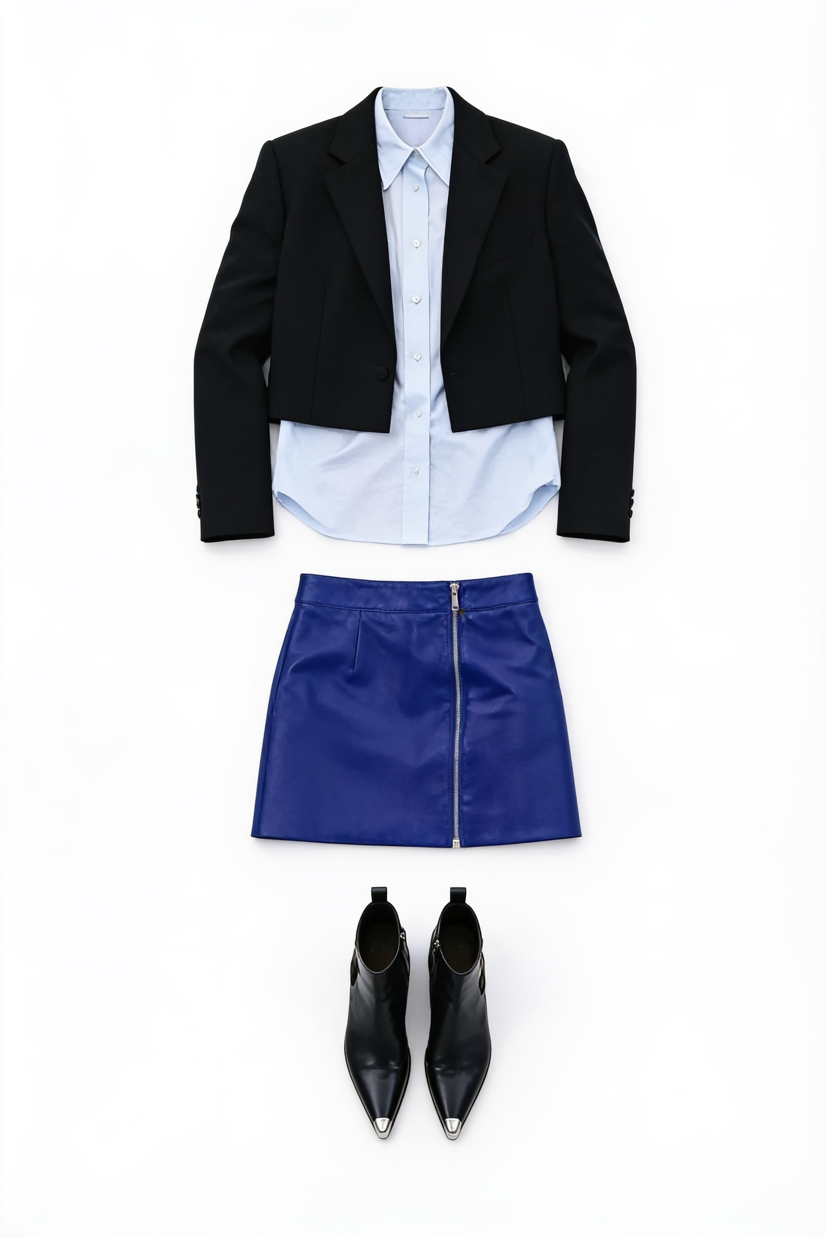 Black cropped jacket and cobalt mini skirt