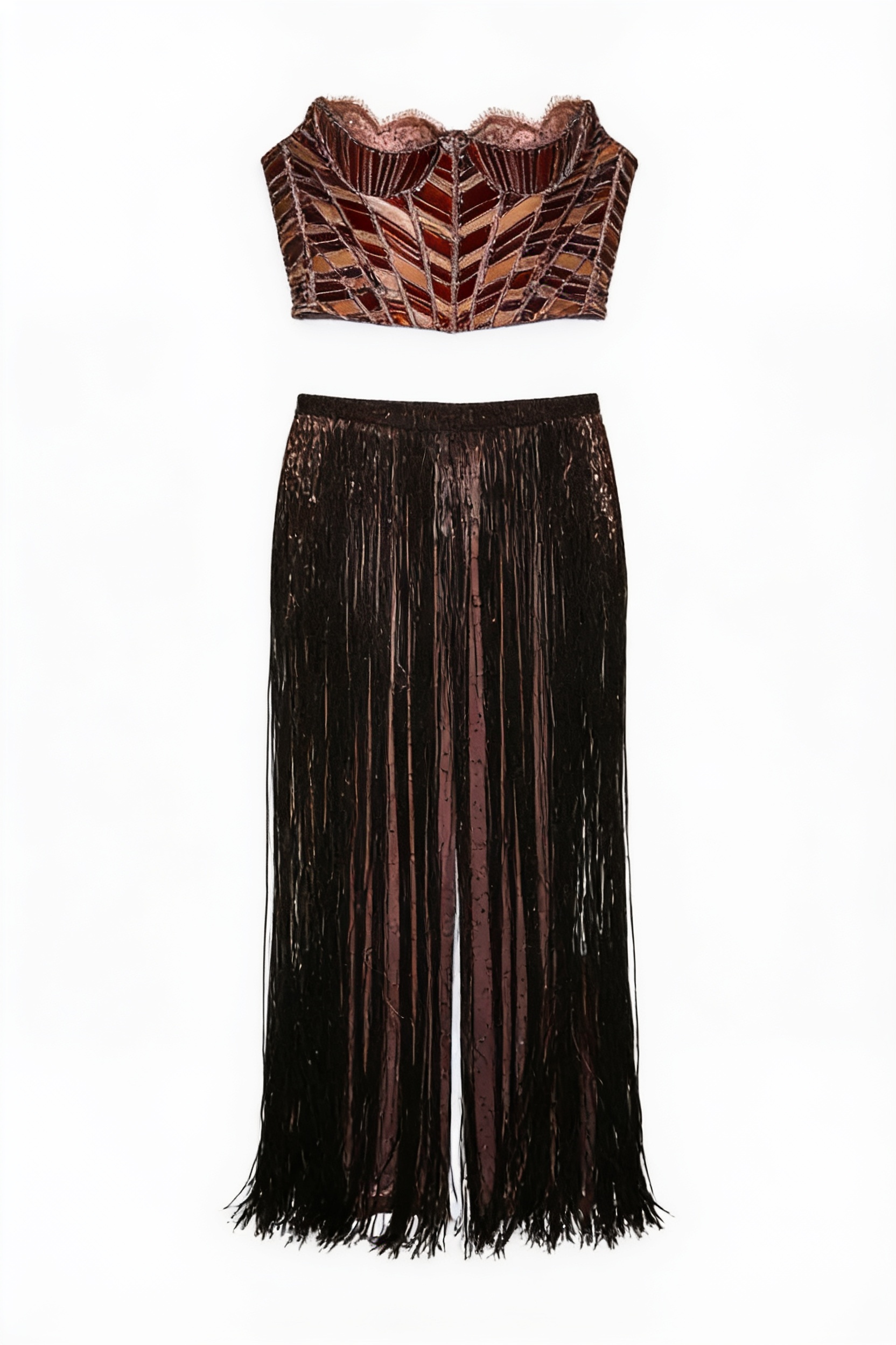 Bronze corset and flowing brown skirt