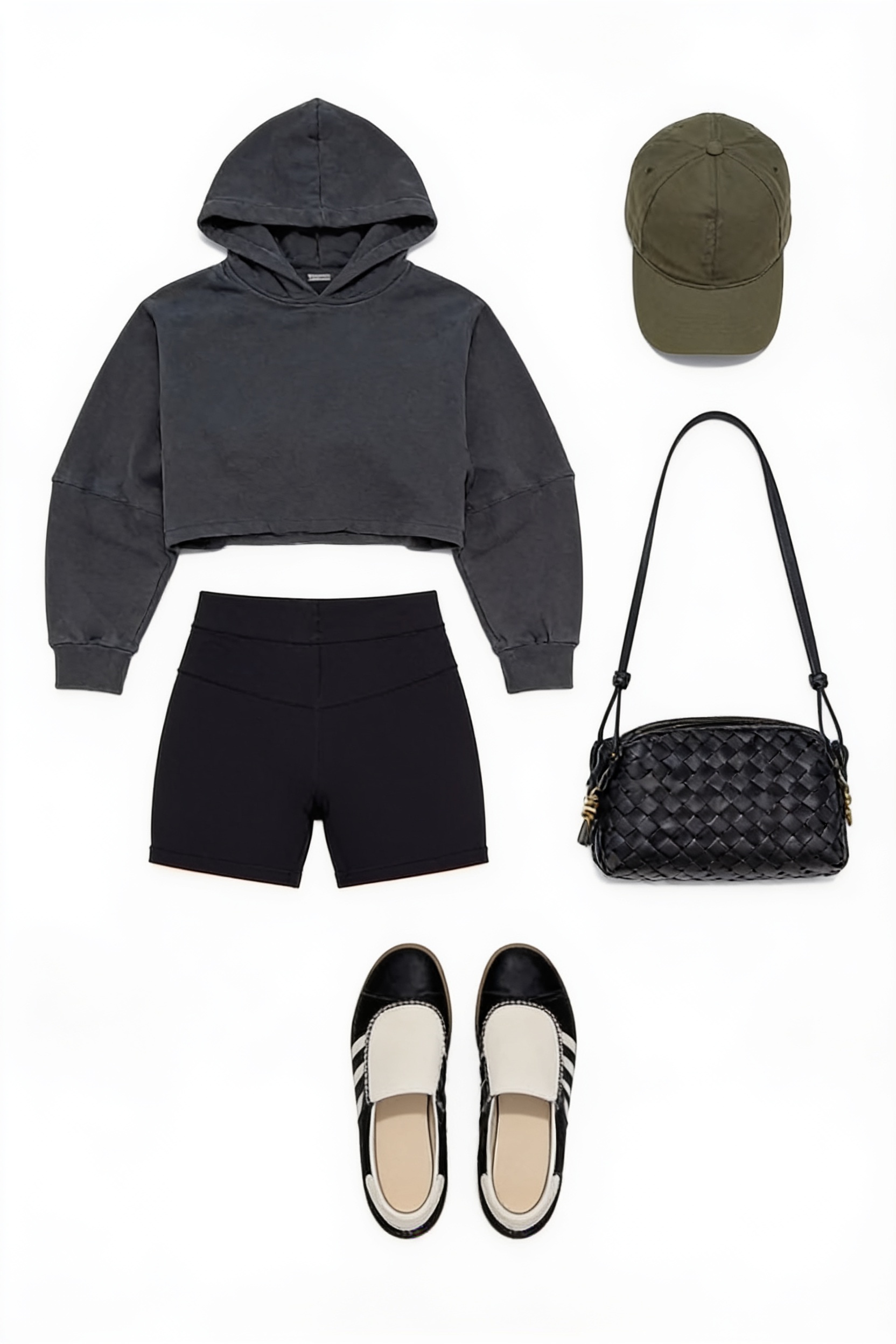 Charcoal cropped hoodie and black shorts