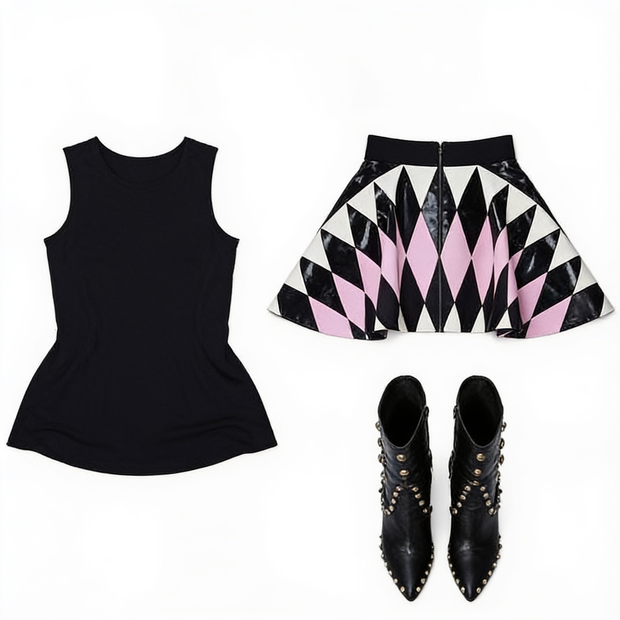 Black top and geometric pleated mini skirt