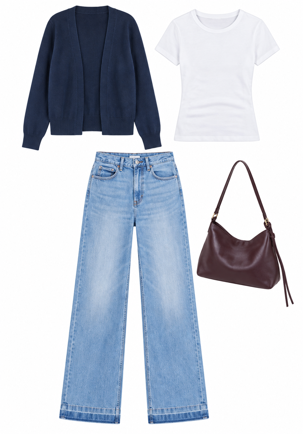 Navy cardigan and wide-leg blue jeans