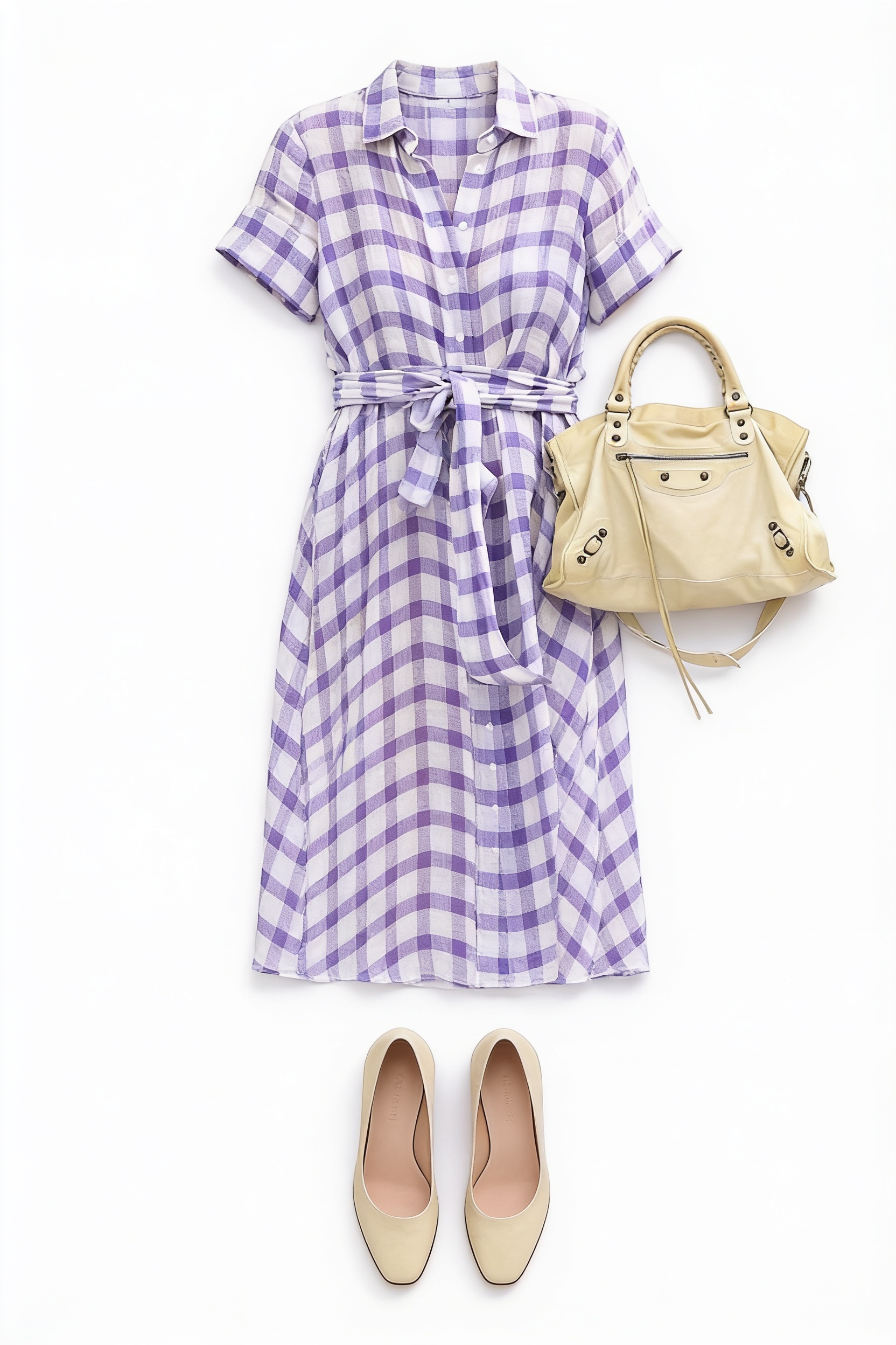 Lilac gingham belted shirt dress