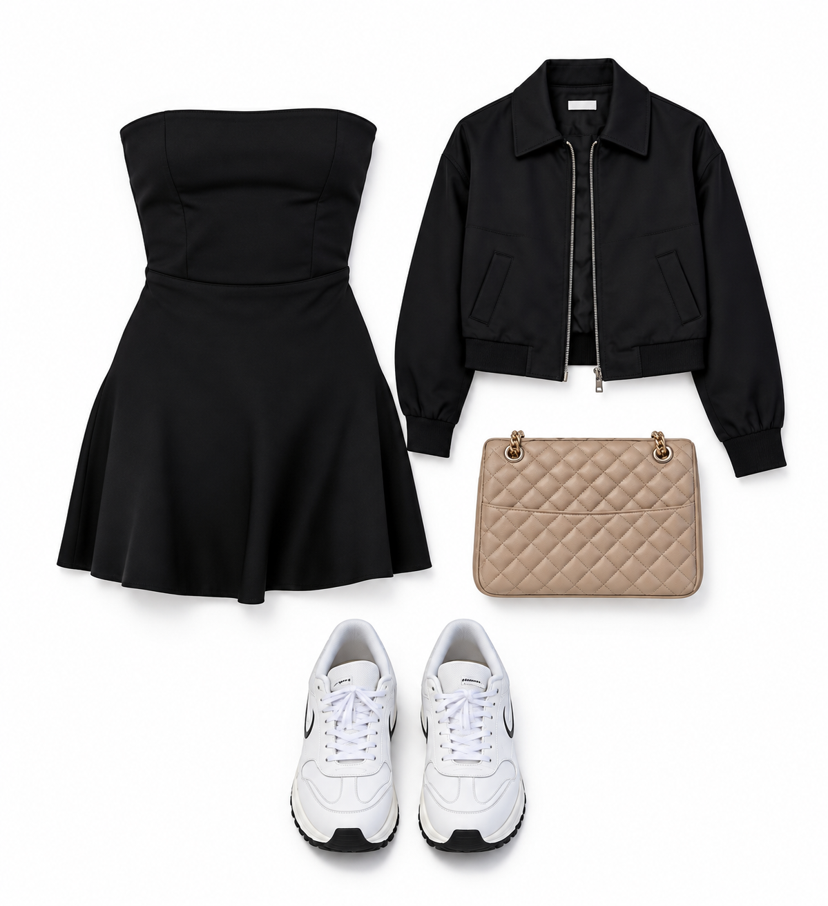 Black strapless mini dress and white sneakers