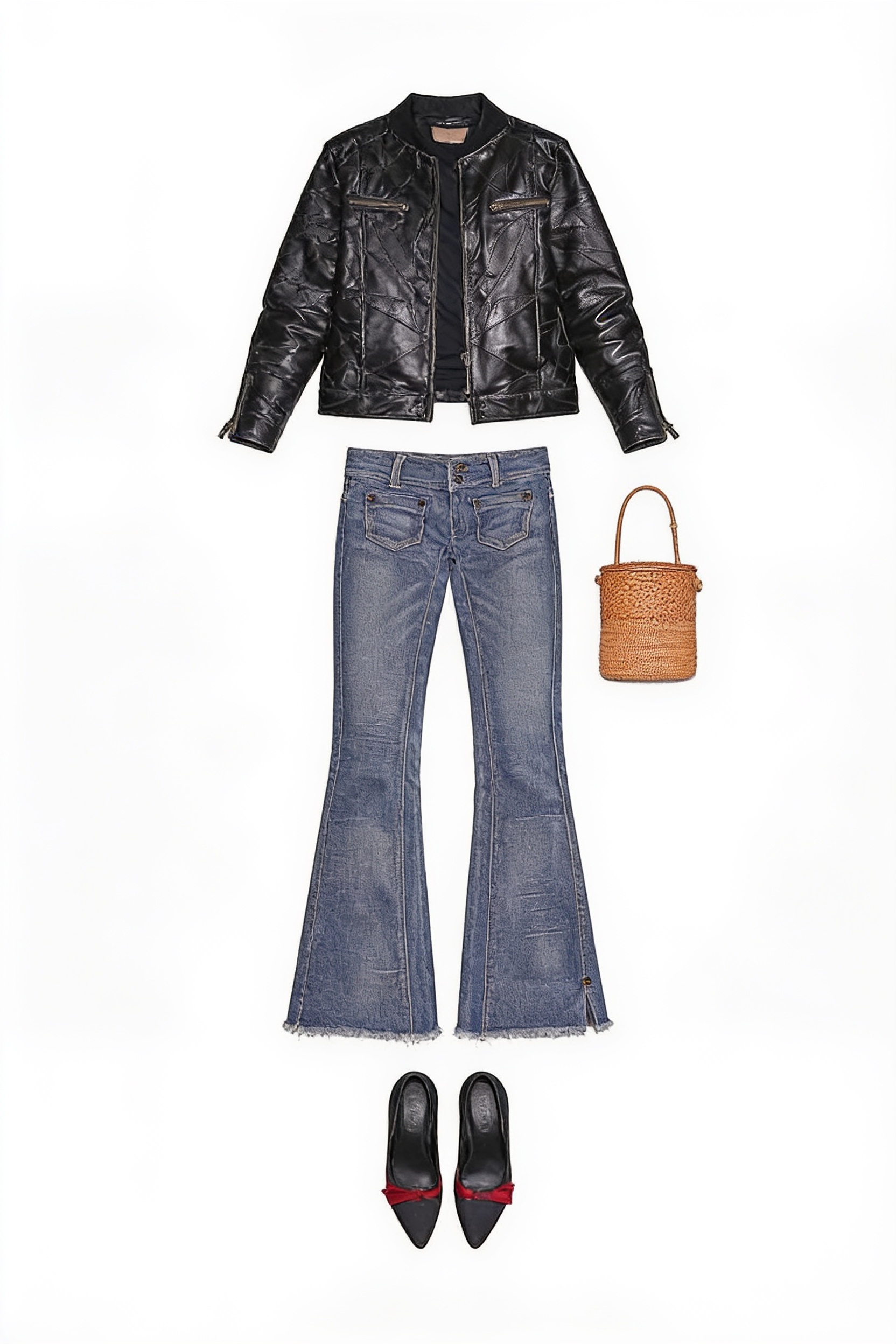 Black leather jacket and flared jeans