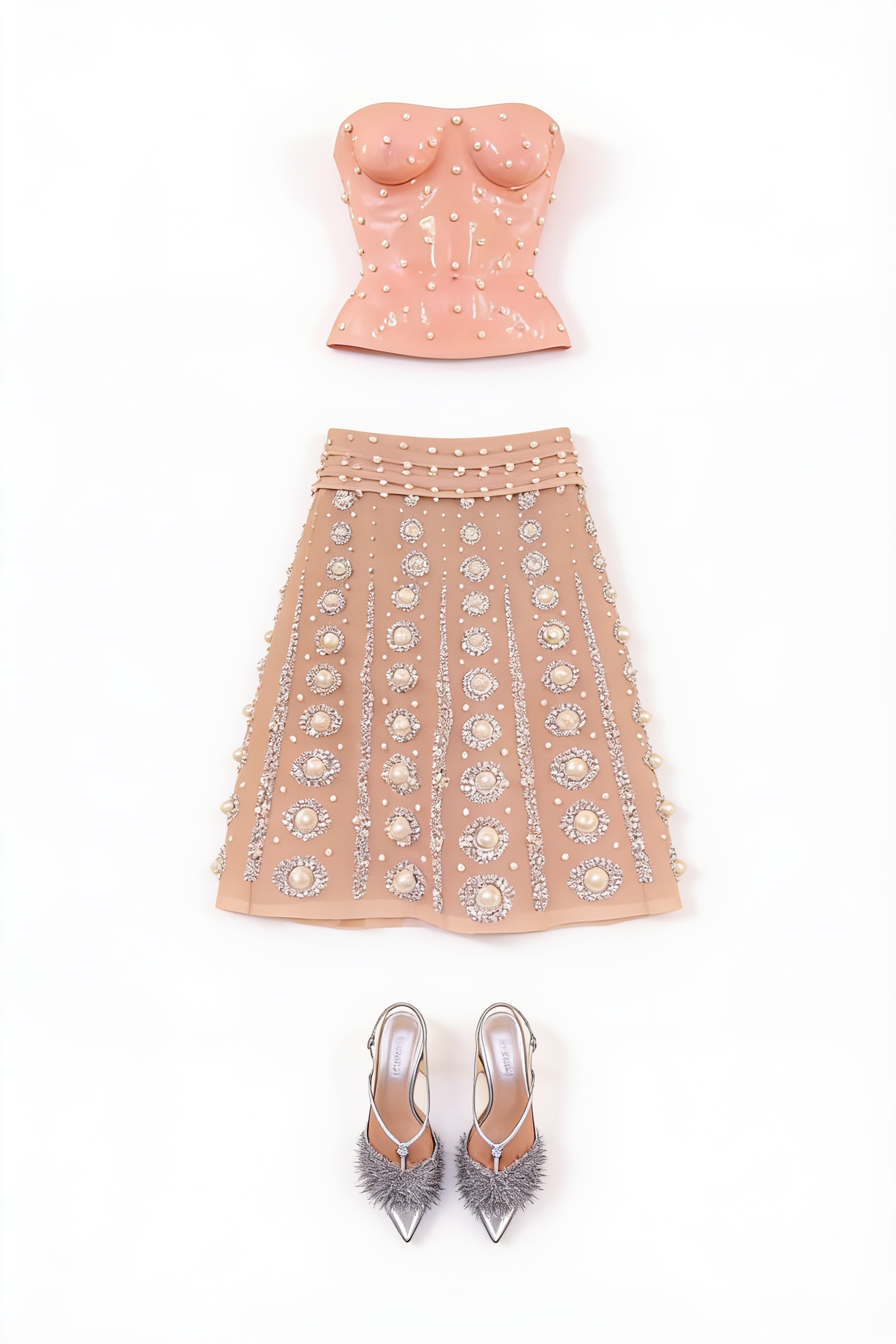 Pink bustier and embellished midi skirt