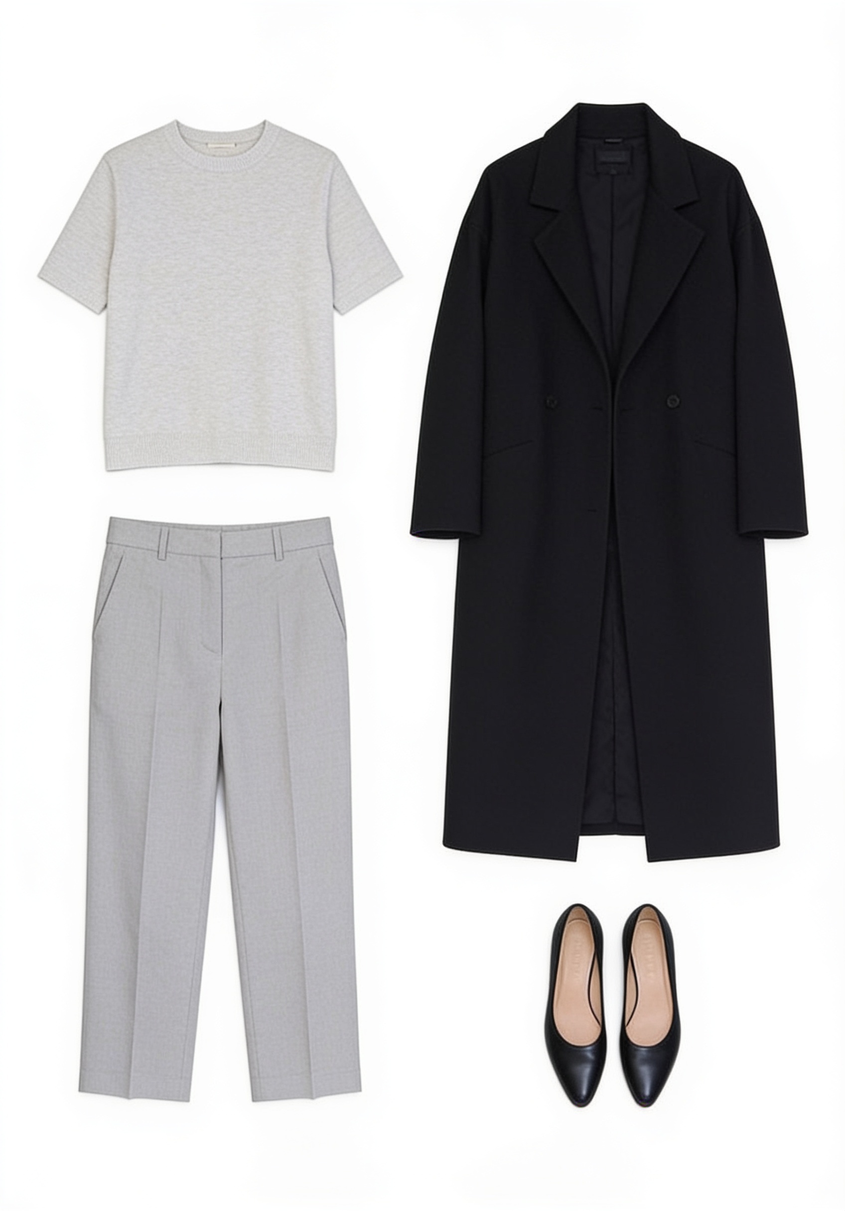 Black long coat, white tee and grey trousers