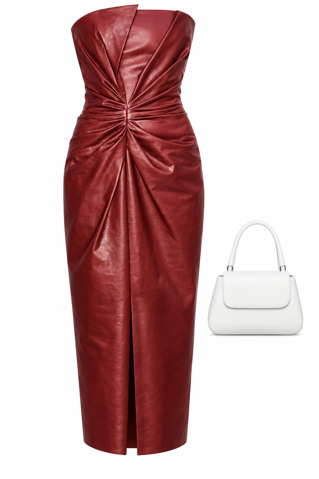 Burgundy ruched leather midi dress