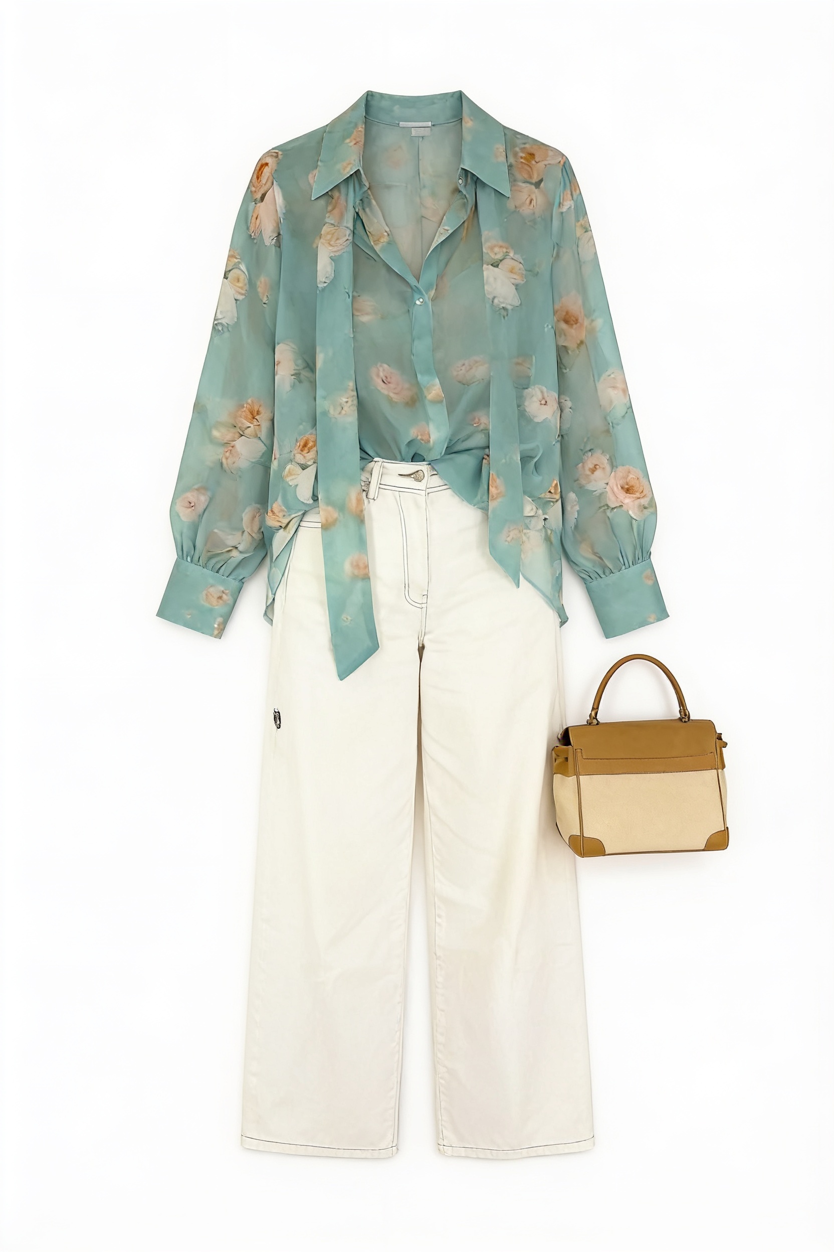 Aqua printed blouse and white wide-leg trousers