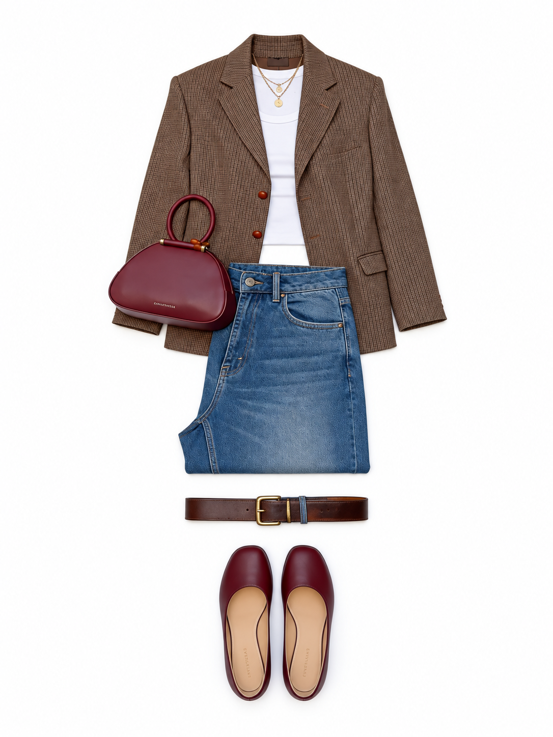 Brown oversized blazer and blue jeans