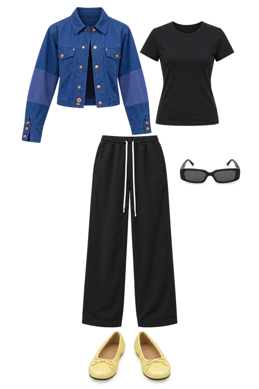 Blue cropped jacket and black drawstring trousers